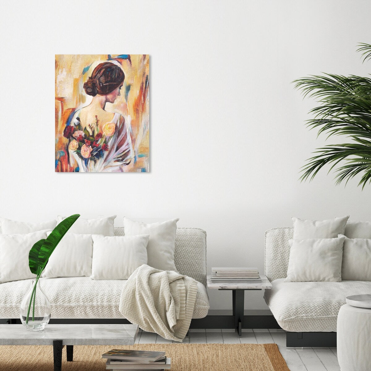 Modern White Canvas Wall Art Print with Back and Flowers - Elegant Female Beauty Floral Decor for Bedroom, Living Room & Home Office
