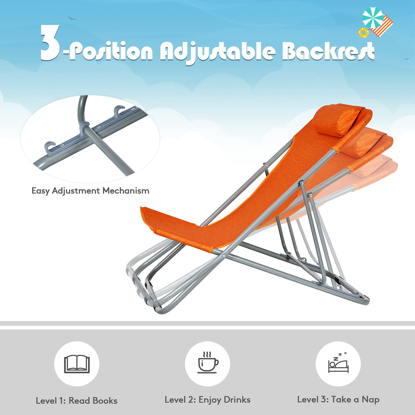 GYMAX 2-Pack Adjustable Beach Chairs for Adults - Portable Folding Lounge Chairs with 3-Level Reclining Backrest & Removable Pillow - Perfect for Beach, Camping, Poolside, Fishing, Backyard & Outdoor Relaxation (Orange)