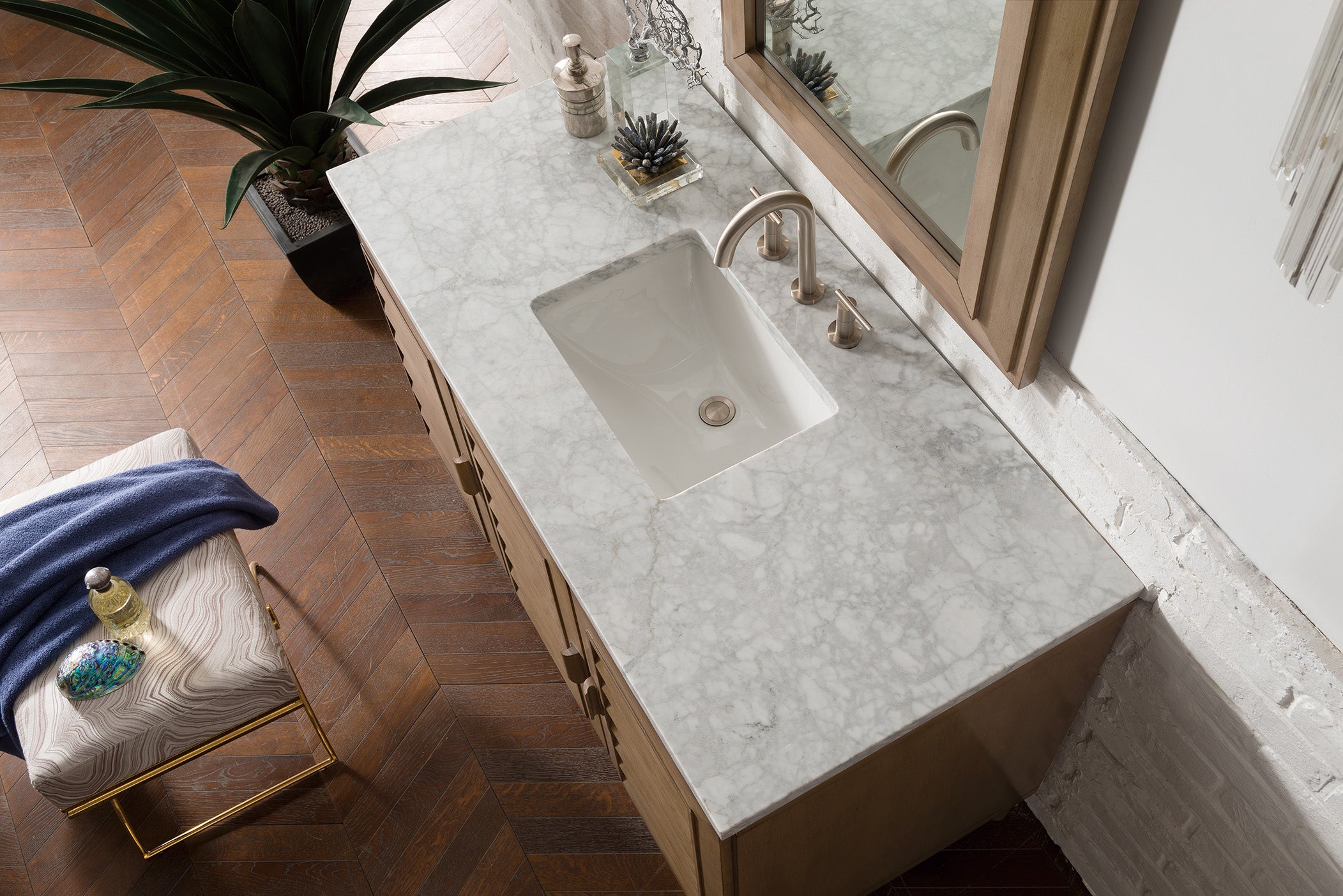 Portland 48 Inch Single Bathroom Vanity with Whitewashed Walnut & 3CM Carrara Marble Top - Perfect for Modern Farmhouse & Coastal Bathroom Designs