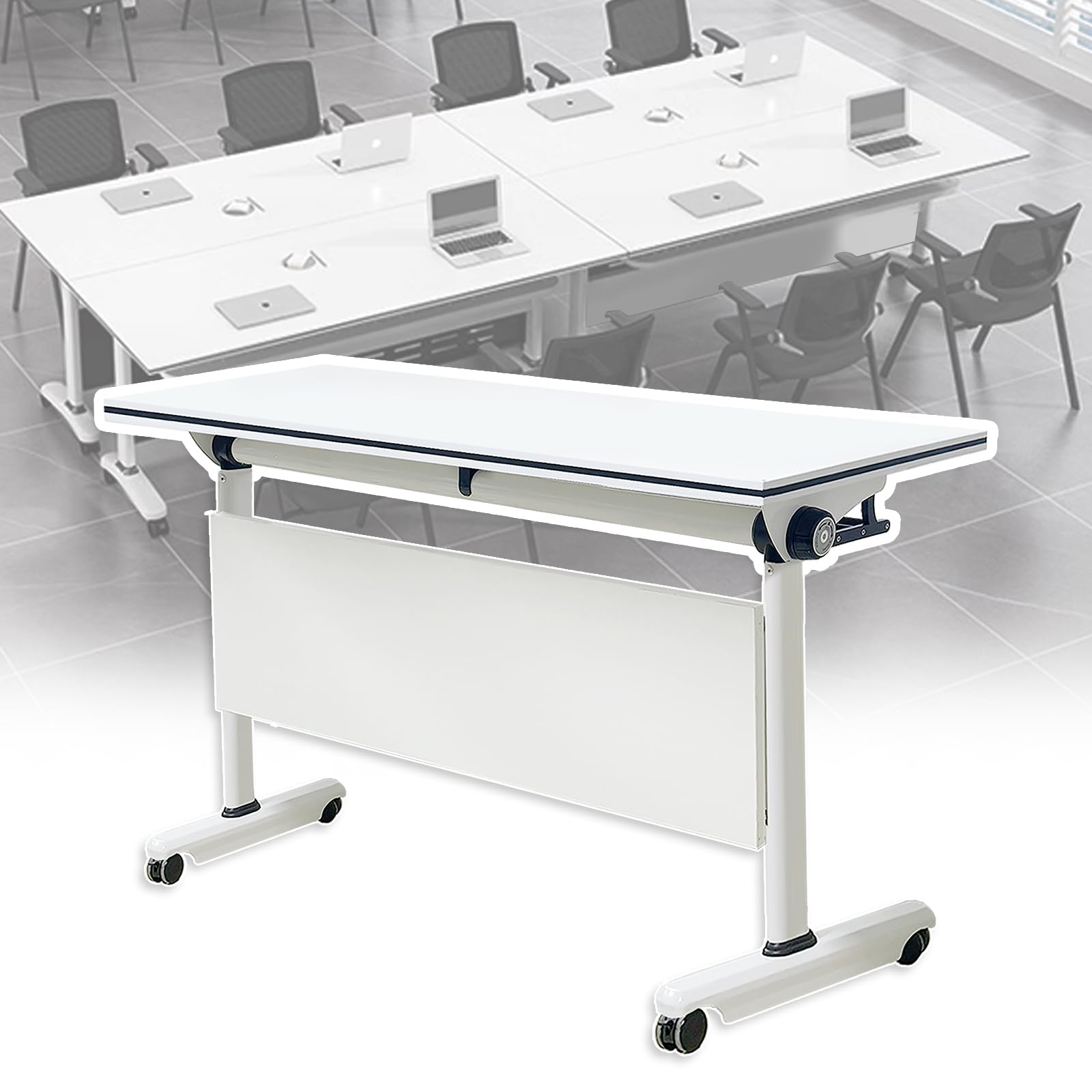 Foldable Flip-Top Conference Table with Casters - 47x20x30 Inch Rectangular Modular Meeting Table for Office, Training Room, Classroom & School - Space-Saving White Workstation (Perfect for Small Spaces, Team Meetings & Multi-Purpose Rooms)