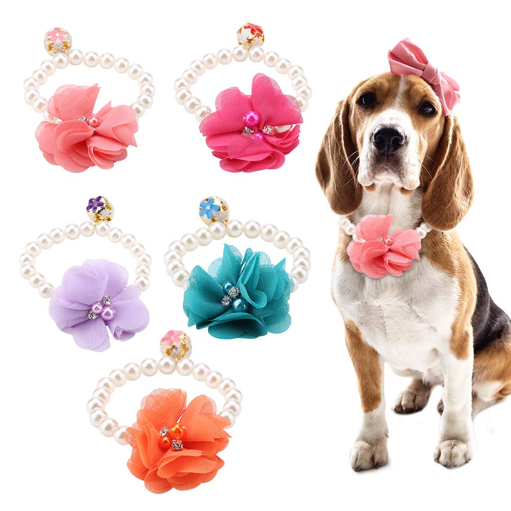 Elegant Pearl Flower Pet Collar - Adjustable Elastic Cat & Dog Choker Necklace Jewelry for Puppies | Perfect for Parties, Photos & Special Occasions
