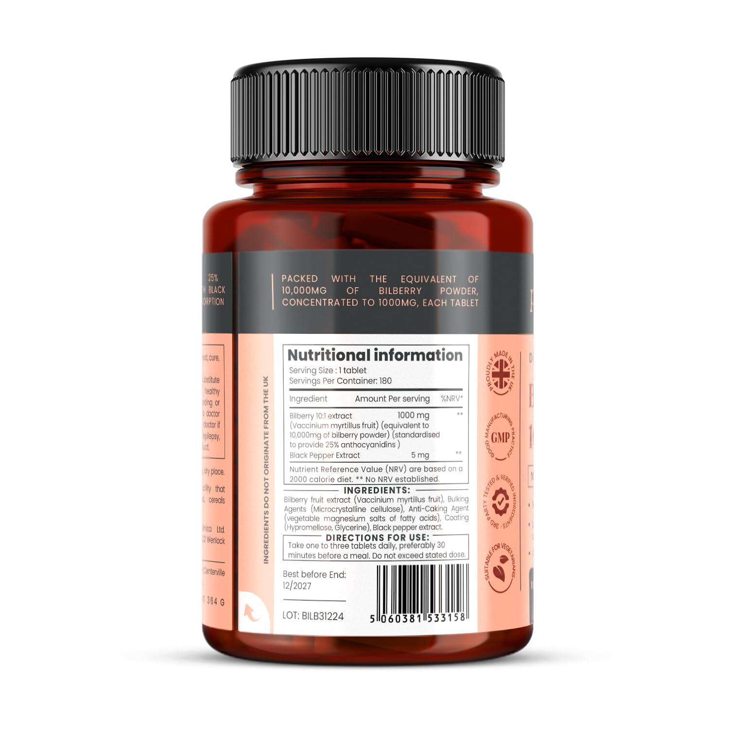 PureClinica Bilberry Extract 10,000mg - 1080 Tablets (6 Bottles x 180) with 10X More Anthocyanidins - Supports Eye Health & Antioxidant Benefits for Vision Care and Night Vision Enhancement