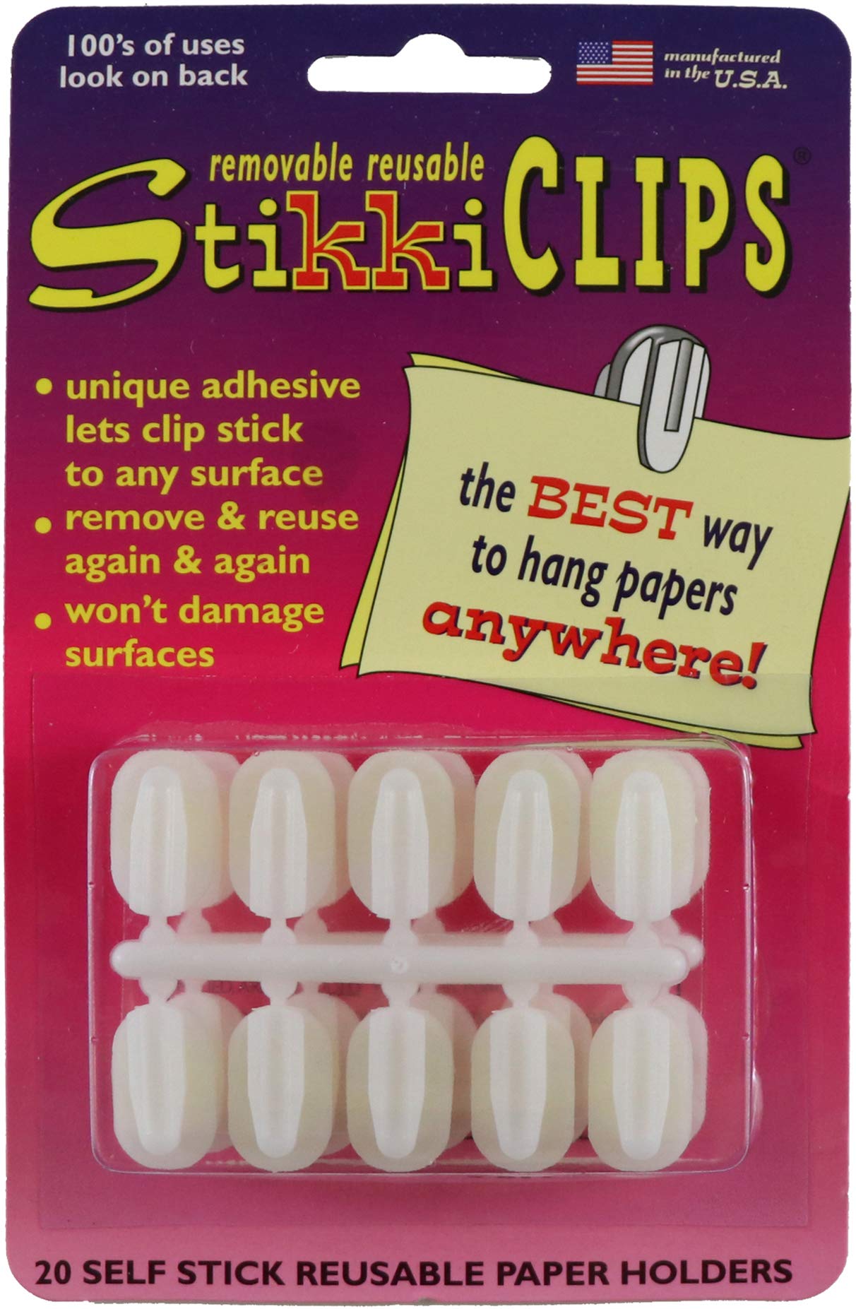 Stikki Works White Clips - Pack of 20 - Strong Reusable Adhesive Clips for Classroom, Office & Home Organization - Perfect for Teachers, Students & Professionals