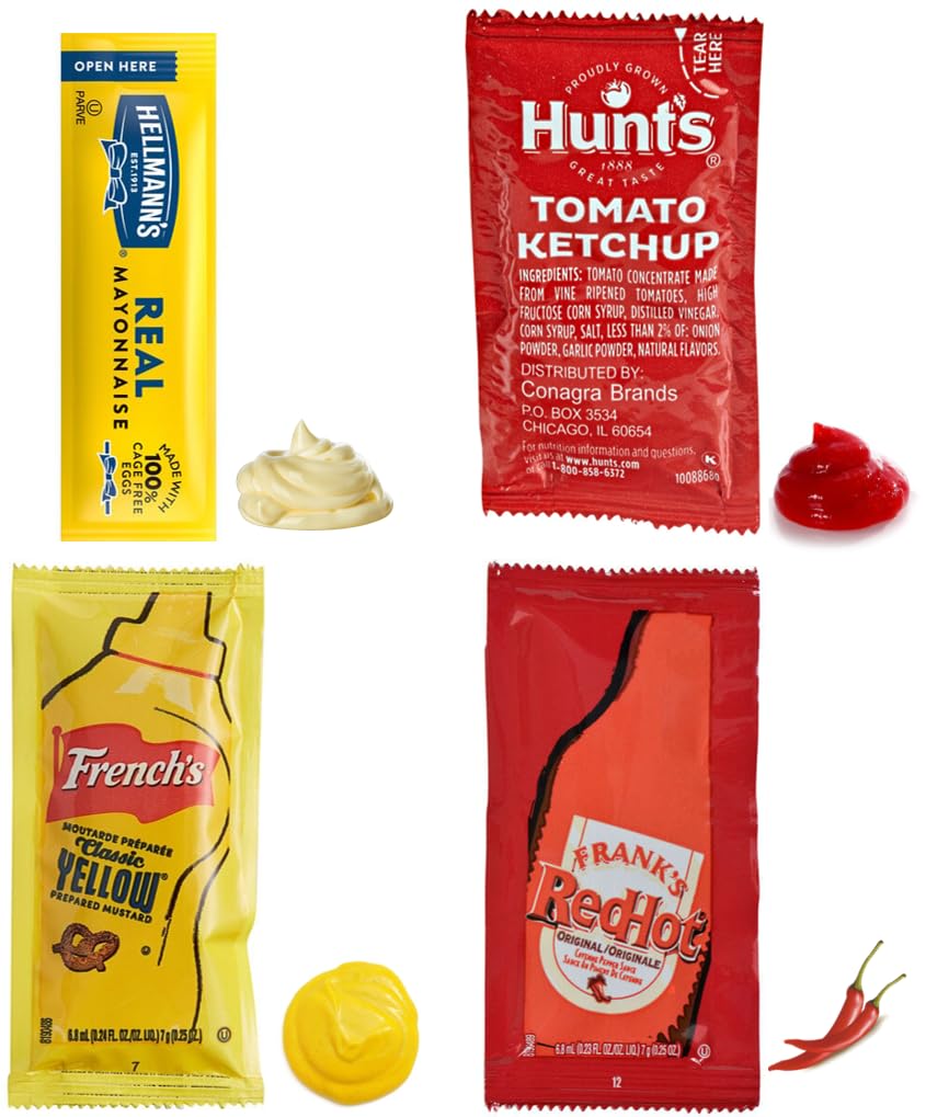 Bulk Ketchup, Mustard, Mayo & Hot Sauce Packets - Travel Size Condiment Packets for On-the-Go, Picnics, BBQs & Parties (100 Count)