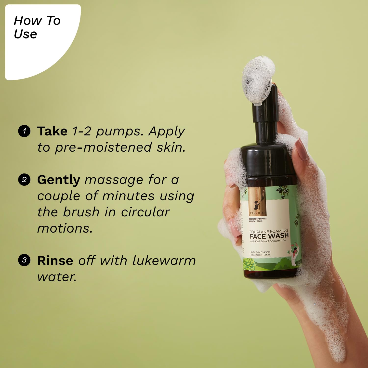 PILGRIM Spanish Squalane Foaming Face Wash with Kiwi Extracts & Aloe - Hydrating Facial Cleanser for Dry & Combination Skin | Gentle Non-Drying Formula with Brush | Suitable for Men & Women | 120ml | Perfect for Daily Skincare Routine & Travel