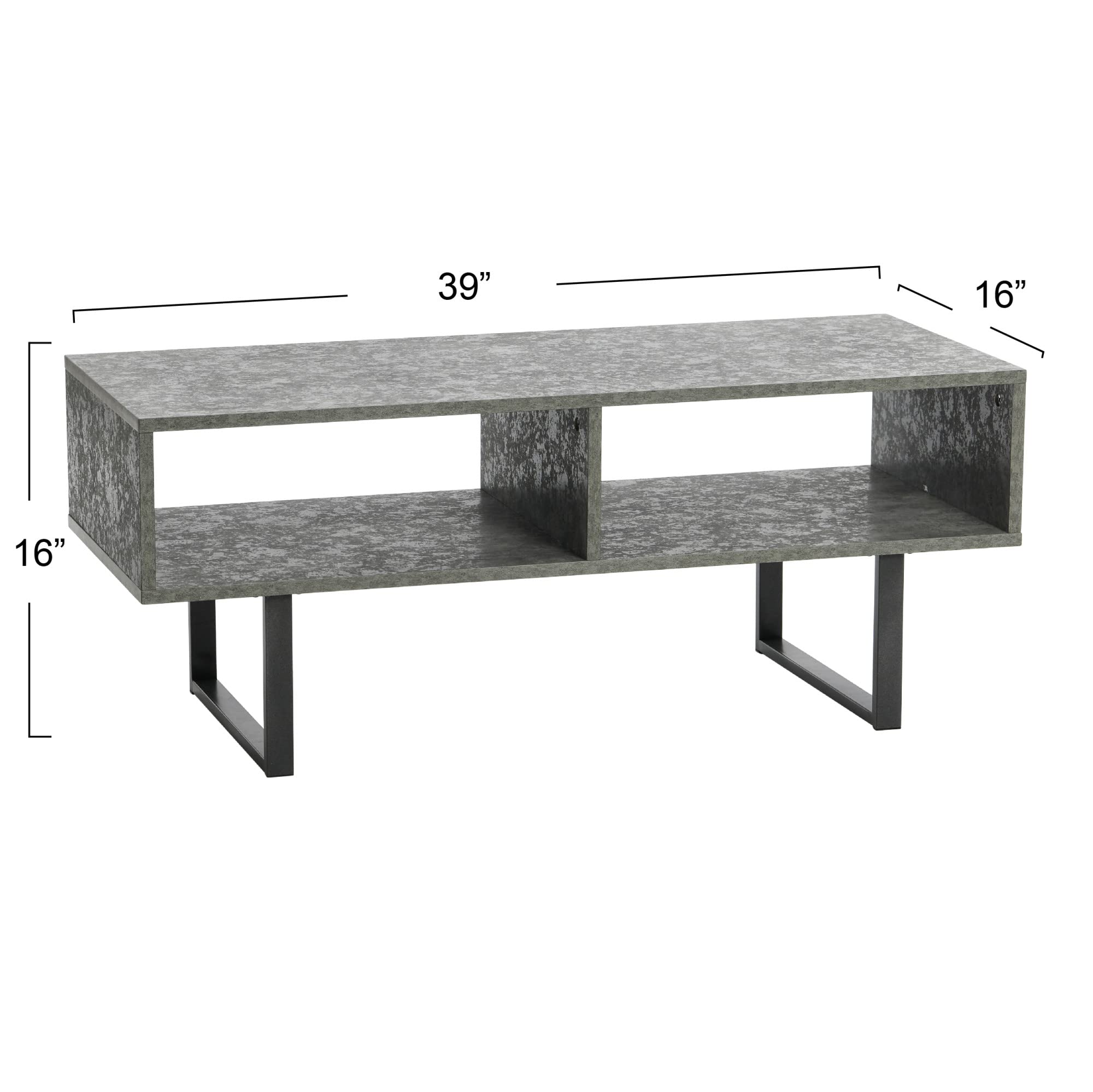 Rustic Slate Concrete & Black Metal TV Stand Coffee Table with Storage Compartments - Modern Farmhouse Living Room Furniture for TV, Books & Decor Organization