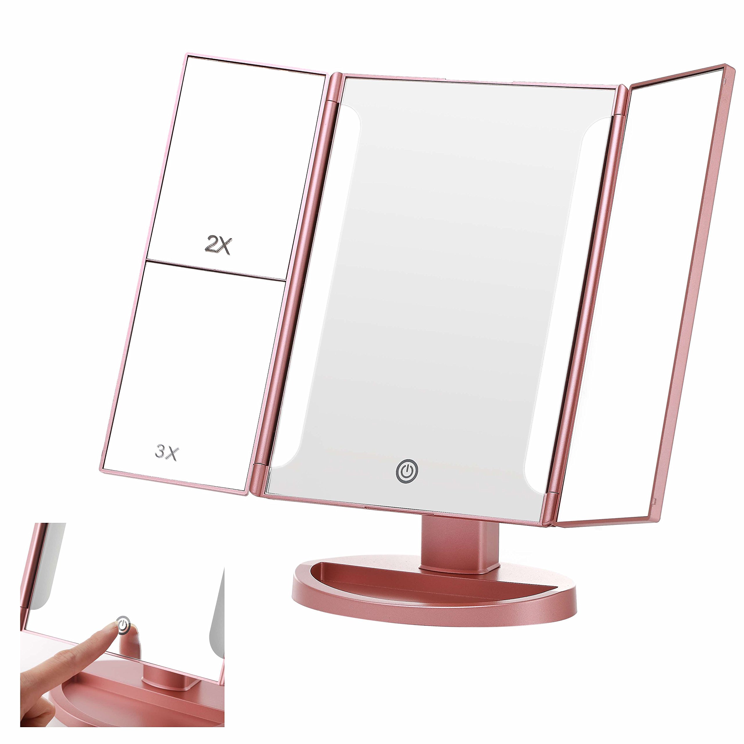 Miss Sweet Lighted Trifold Makeup Mirror - Rose Gold Vanity Mirror with LED Lights for Beauty & Makeup | Perfect for Dressing Table, Bedroom, and Travel