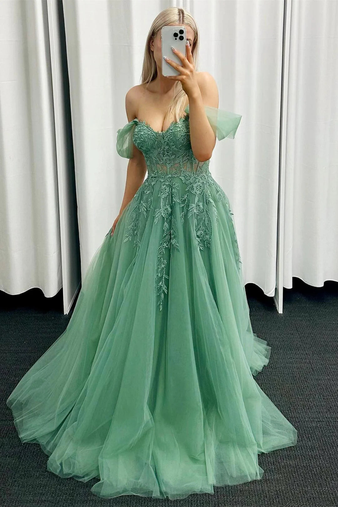 Elegant Sage Green Floral A-Line Formal Dress with Embroidery Strapless Design - Perfect for Weddings, Prom, and Evening Events