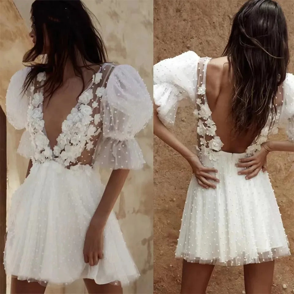 Elegant Short Backless Wedding Dress with Illusion Half Sleeves & Pearl Floral Embroidery - Perfect for Beach Weddings, Vow Renewals, and Romantic Photoshoots