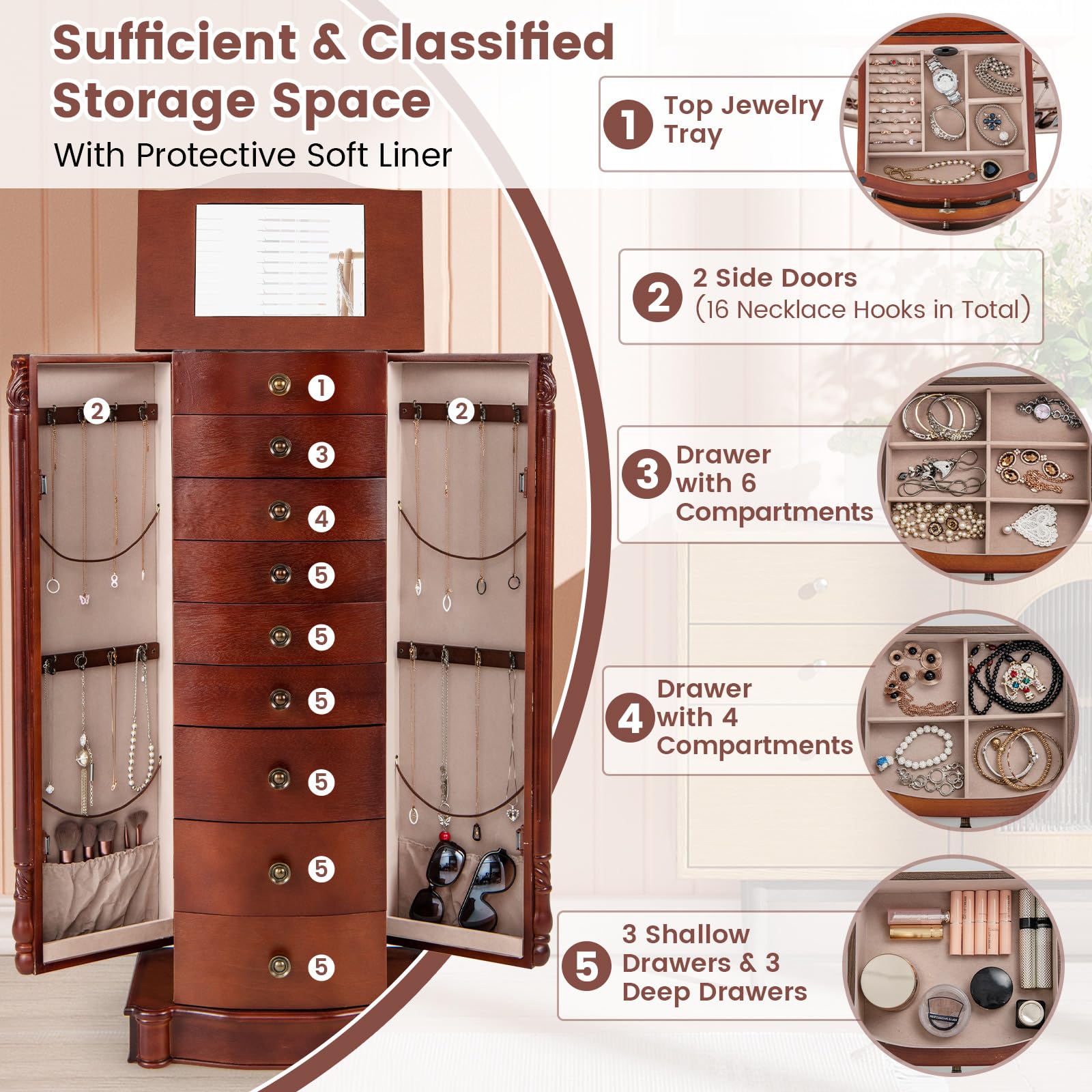 Giantex Large Jewelry Armoire Cabinet with 8 Drawers, 2 Doors & 16 Hooks - Dark Walnut Standing Mirror Storage Chest for Necklaces, Rings & Accessories | Perfect for Bedroom, Closet & Dressing Room Organization