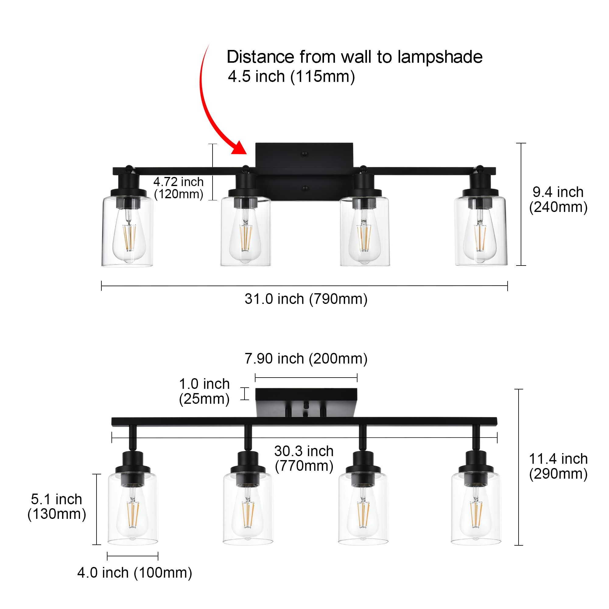 MELUCEE 4-Light Matte Black Track Lighting Kit - Ceiling Spotlight Fixture with Clear Glass Shade for Bathroom, Hallway, Foyer & Storage Areas - Modern Home & Office Lighting Solution