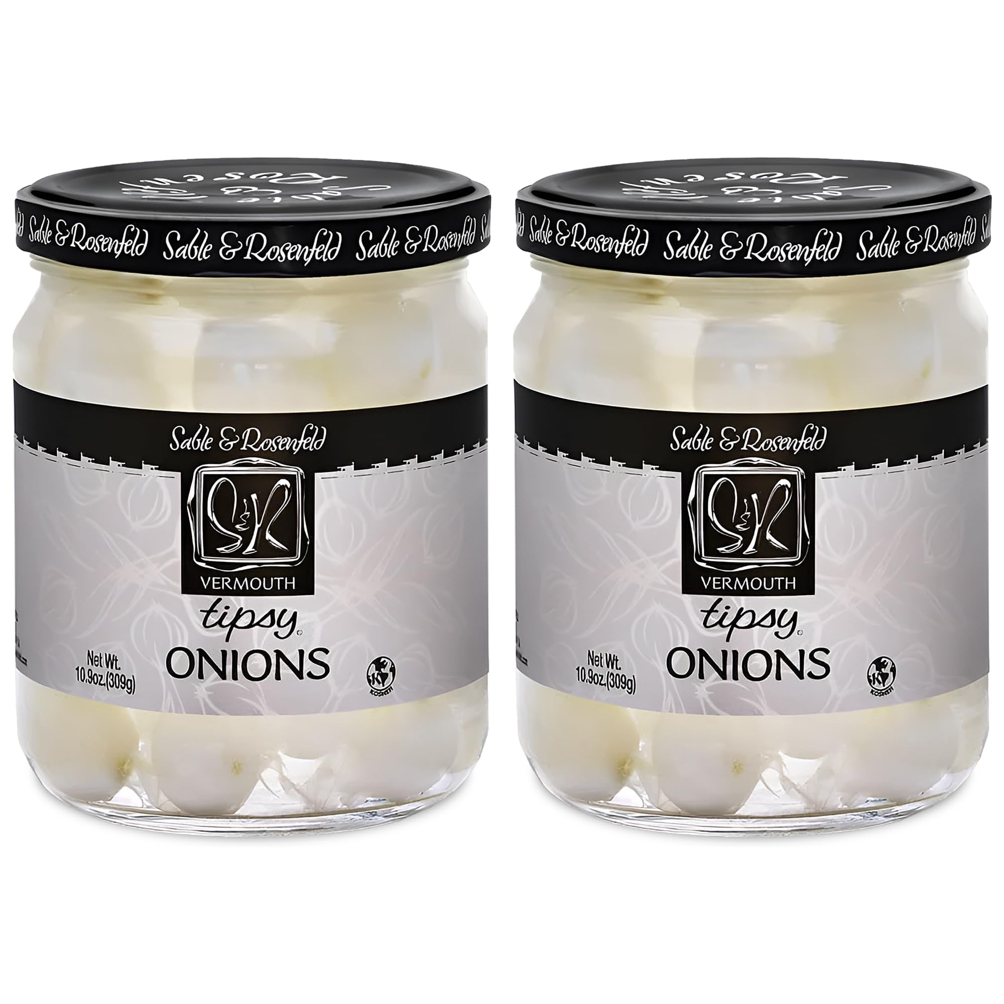 Premium Tipsy Cocktail Onions in Jar with French Vermouth - Gourmet Pickled Silverskin Onions for Martinis, Gibsons & Bloody Marys - Kosher Parve Certified - Sable & Rosenfeld - 10.9 oz (Pack of 2) - Perfect for Home Bars, Dinner Parties & Gift Baskets