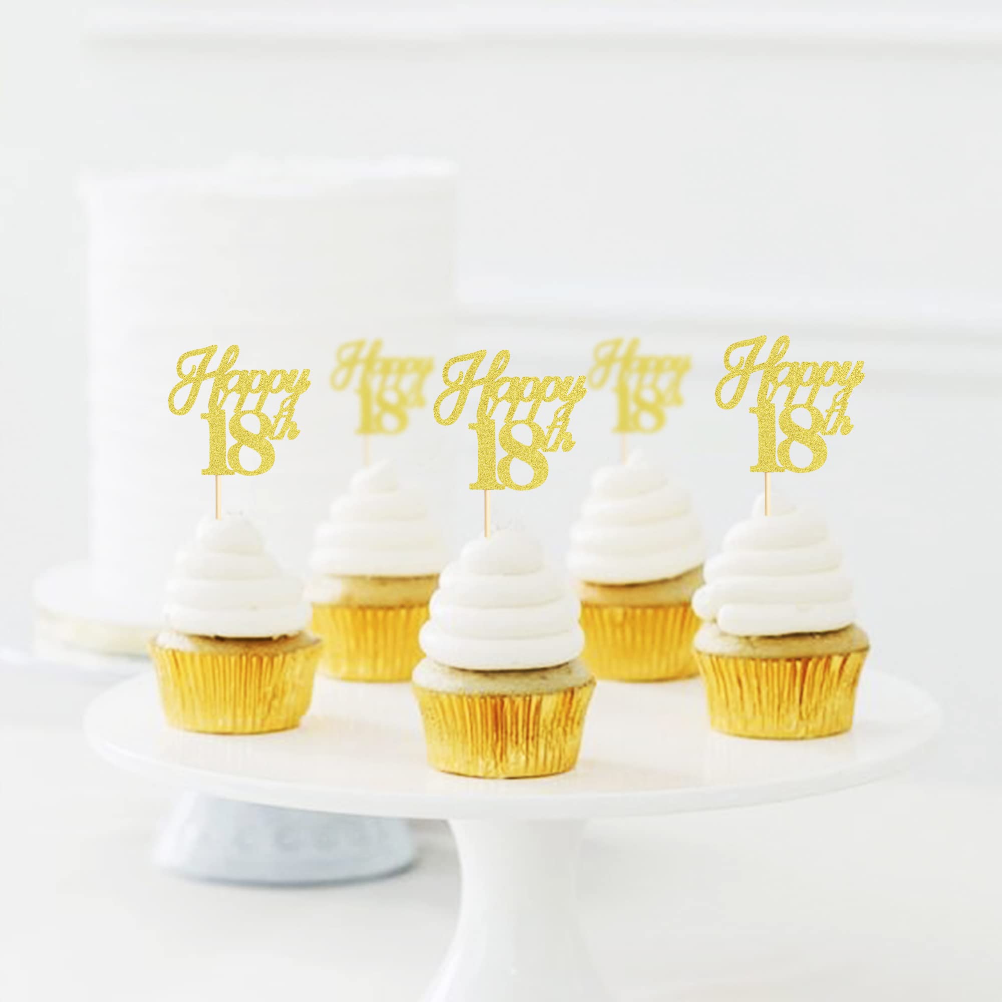 Ercadio 24 Pack Gold Glitter 18th Birthday Cupcake Toppers - Cheers to 18 Cake Decorations for Wedding, Anniversary & Party Supplies | Perfect for Sweet 16, Graduation & Milestone Celebrations