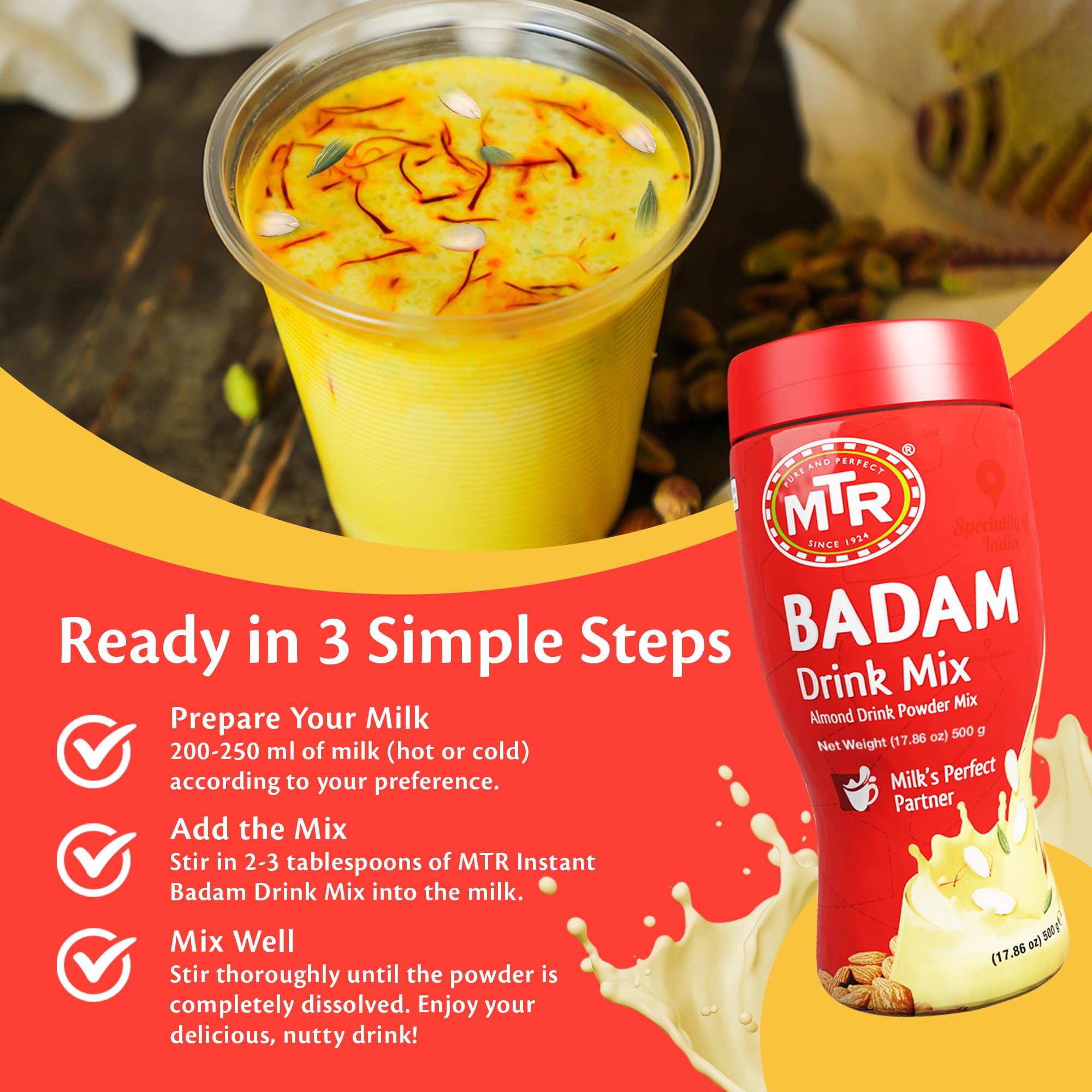 MTR Badam Almond Drink Mix Powder - 500g Pet Jar | Instant Nutritious Beverage for Energy Boost, Breakfast & Healthy Snacking