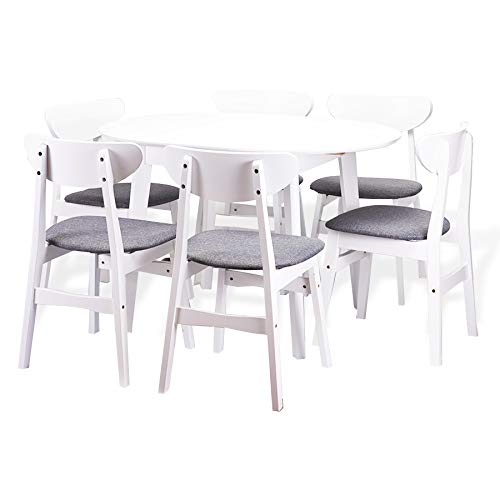6-Piece Yumiko Modern Dining Set - Solid Wood Extendable Round Table & Padded Chairs with Light Gray Cushions (White Finish) - Perfect for Small Kitchen, Breakfast Nook or Cozy Apartment Dining Area