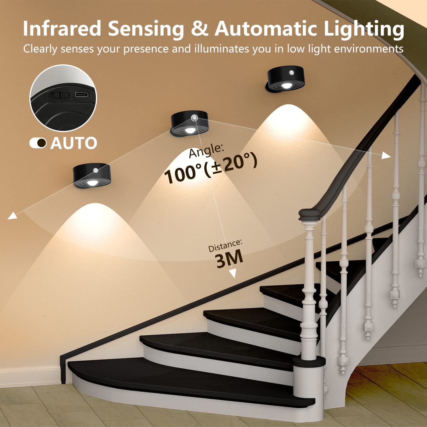 Rechargeable Magnetic LED Wall Light with Motion Sensor, 360° Rotatable, 3 Color Temperatures & Stepless Dimming - Perfect for Bedroom Reading, Hallway Lighting, Picture Display & Makeup Mirror Illumination