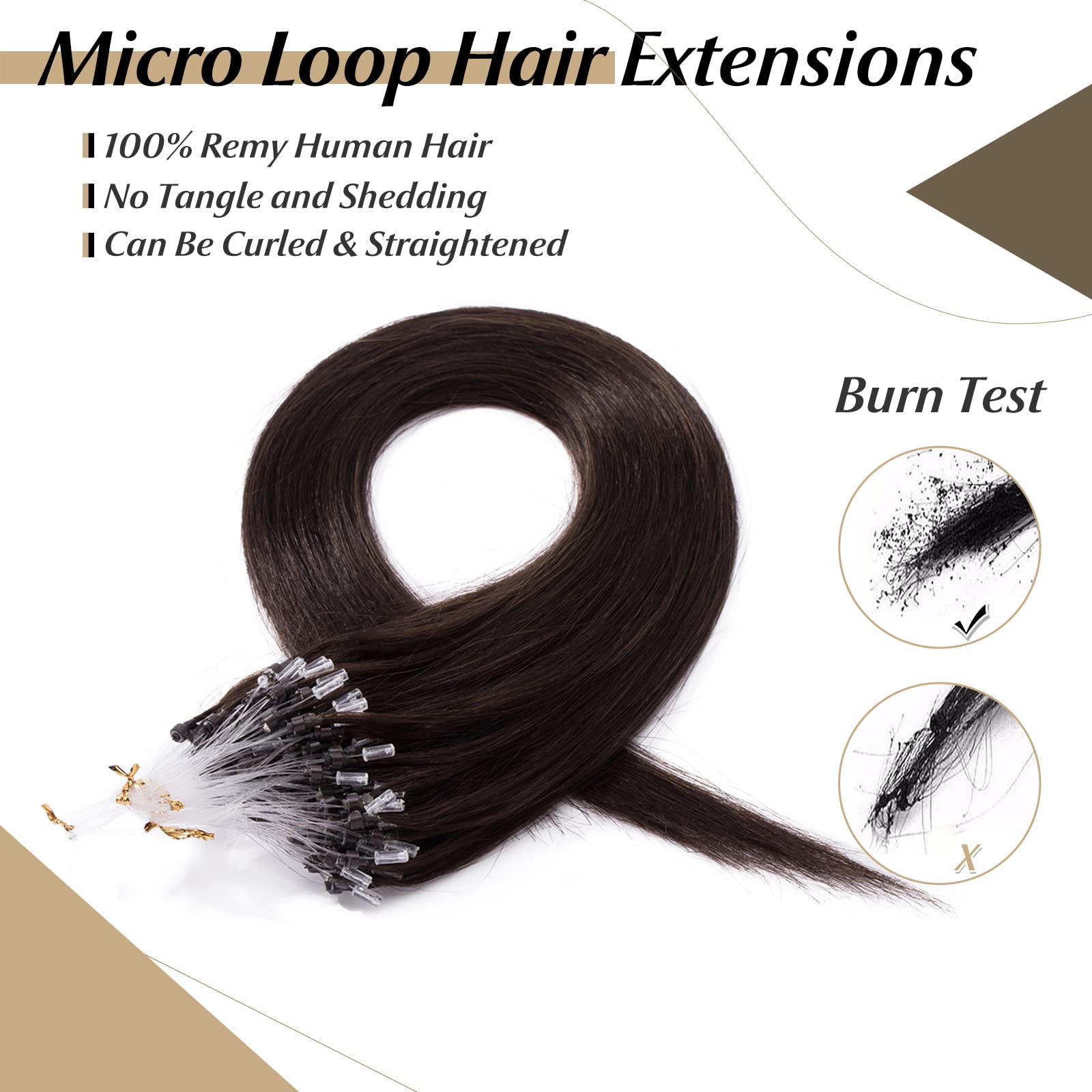 SEGO 18 Inch Dark Brown Micro Beads Hair Extensions - 100% Human Hair, Natural Straight, 50g 100 Strands, Cold Fusion Micro Loop Rings - Perfect for Daily Styling, Parties & Special Occasions