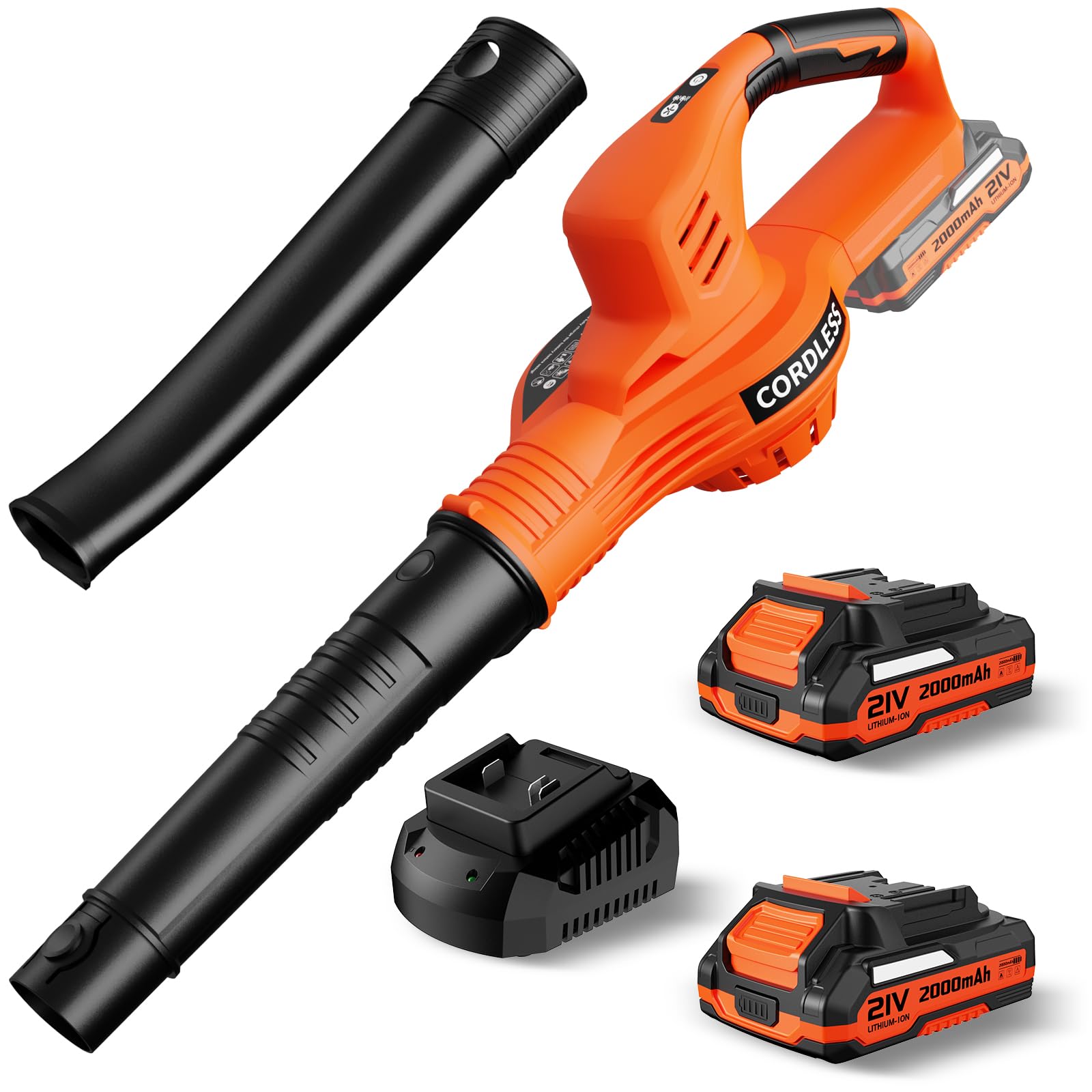 21V Cordless Leaf Blower with 2 Batteries & Charger - 2 Speed Modes, Lightweight 2.0Ah Battery - Perfect for Lawn Care, Patio Cleaning, and Leaf Blowing - Ideal for Yard Maintenance, Garden Cleanup, and Driveway Clearing