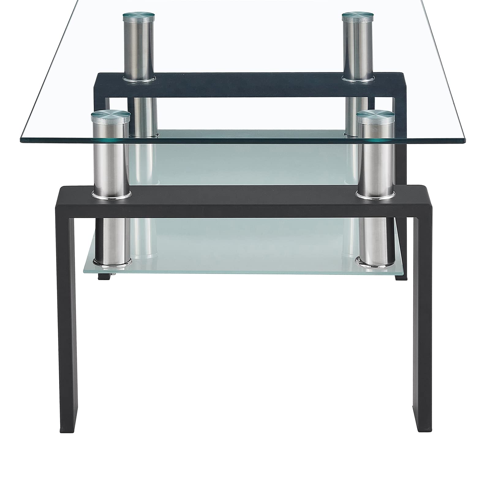 Modern Black Tempered Glass Coffee Table with Storage Shelf & Metal Frame - Stylish Living Room Side Table for Home Decor & Small Space Organization