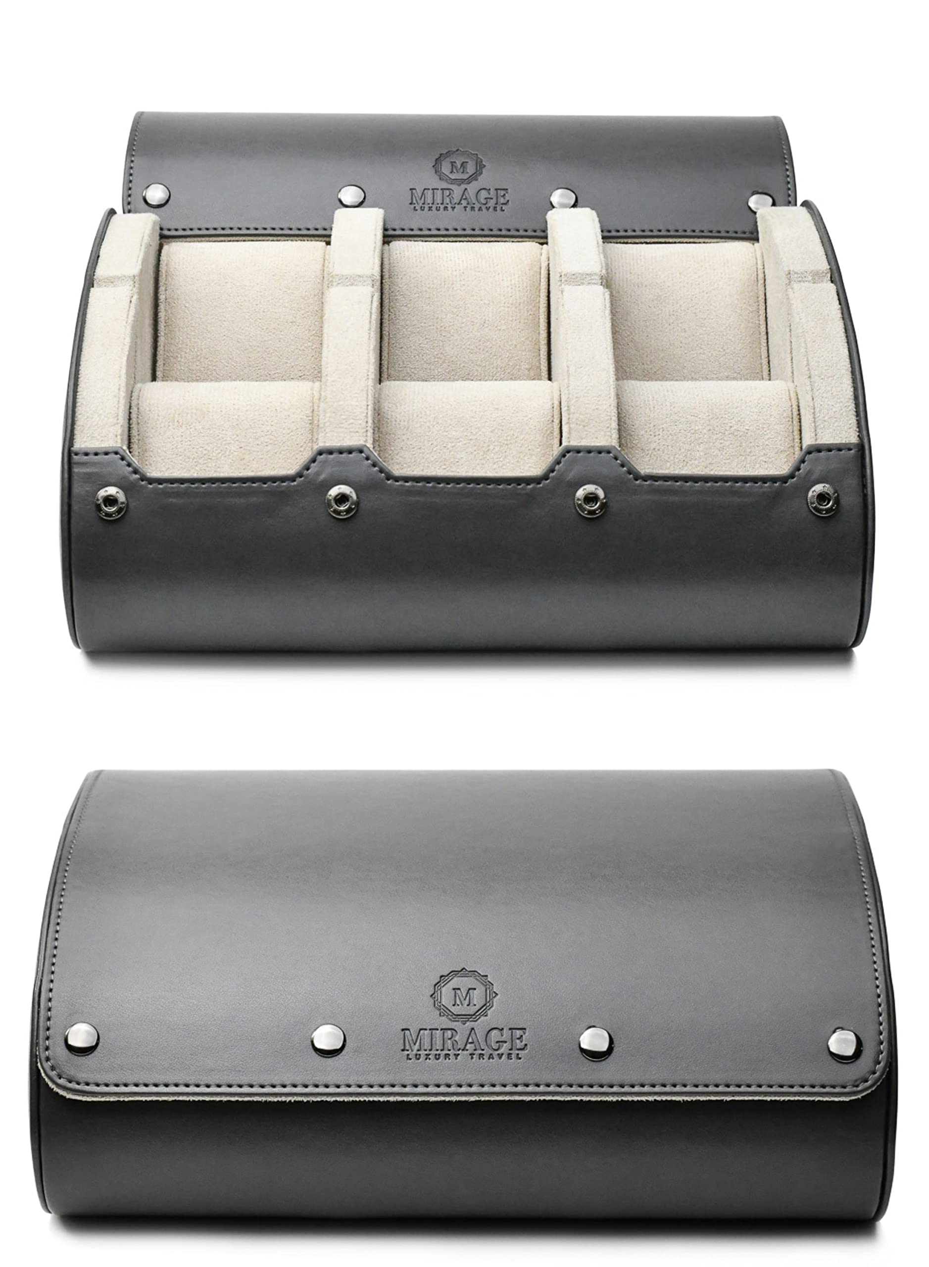 Gray/Ivory 6-Slot Leather Watch Travel Case for Men - Premium Watch Storage Organizer - Perfect Gift for Him - Durable Travel Accessories - Ideal for Business Trips & Vacations - Slate Gray/Ivory by Mirage Watch Cases