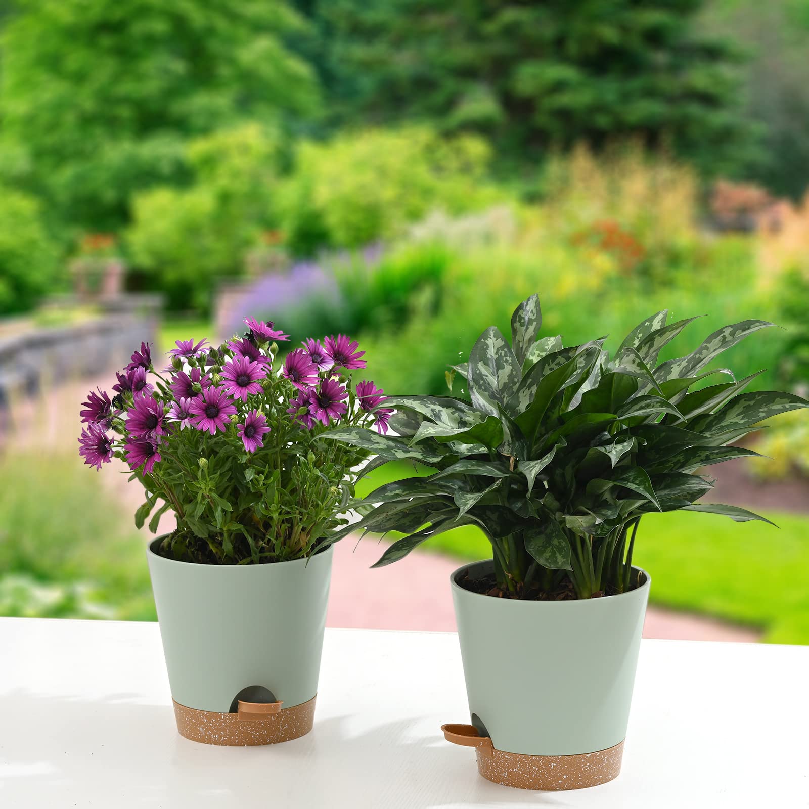 6-Pack 5 Inch Self-Watering Plant Pots with Drainage Holes - Indoor/Outdoor Flower Planters with Reservoir Tray & Watering Lip - Perfect for Home, Office, Balcony Gardening - Green Gardening Pots for Herbs, Succulents & Small Plants