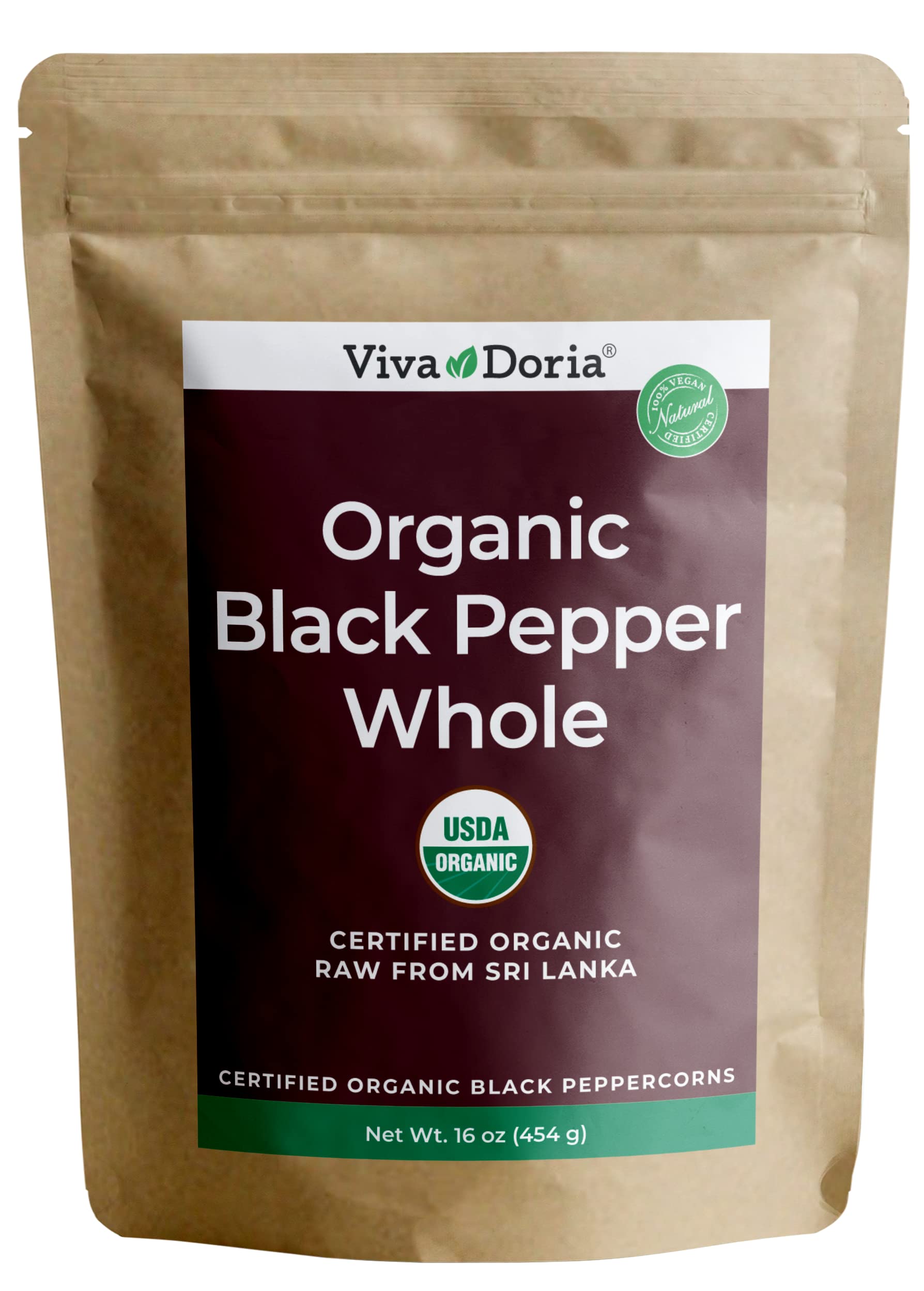 Organic Ceylon Whole Black Peppercorns 16oz (1 lb) - Premium Grade, Non-GMO, Gluten-Free - Perfect for Pepper Grinder Refills, Cooking, Seasoning & Gourmet Recipes