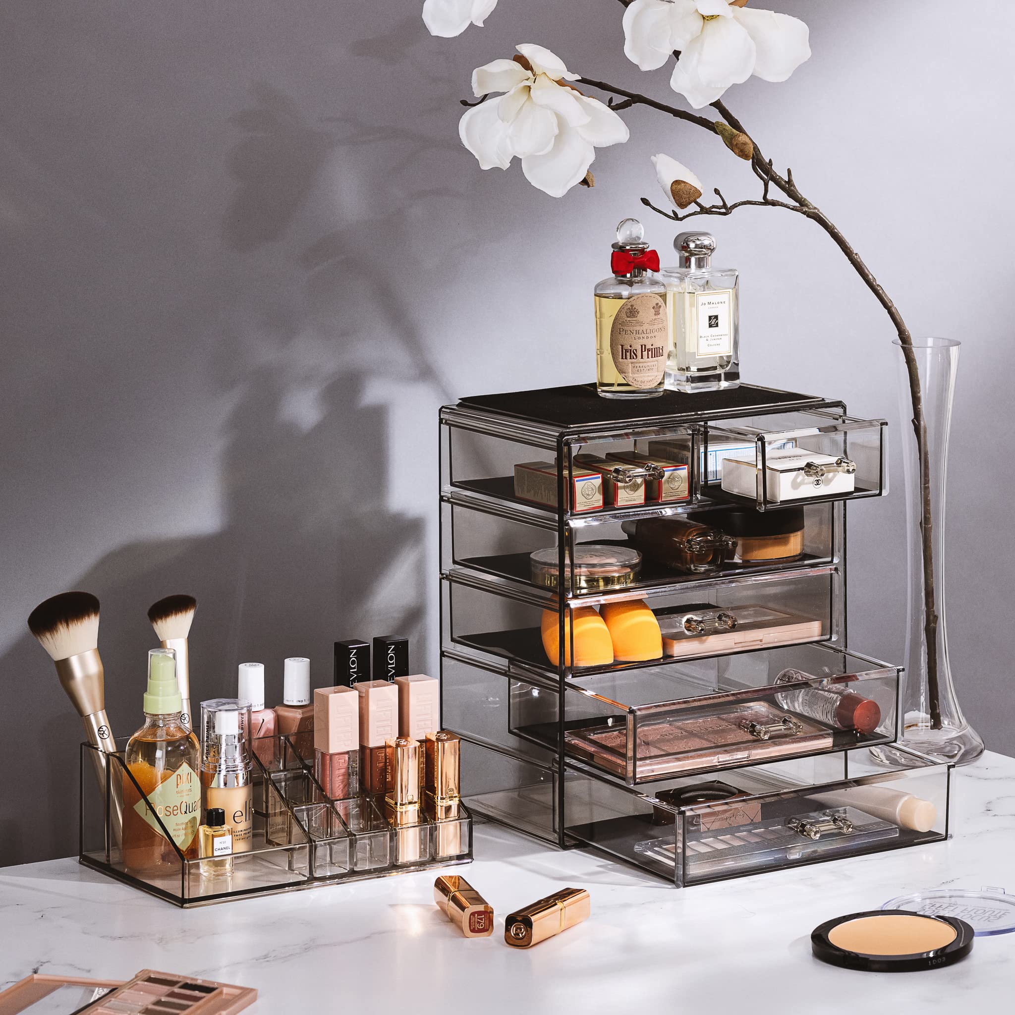 Sorbus Clear Acrylic Cosmetic Makeup Organizer with 4 Large & 2 Small Drawers - Jewelry Storage Case & Vanity Display for Dresser, Bathroom Countertop - Perfect for Makeup Brushes, Lipsticks, Rings & Earrings Organization (Black Jewel)