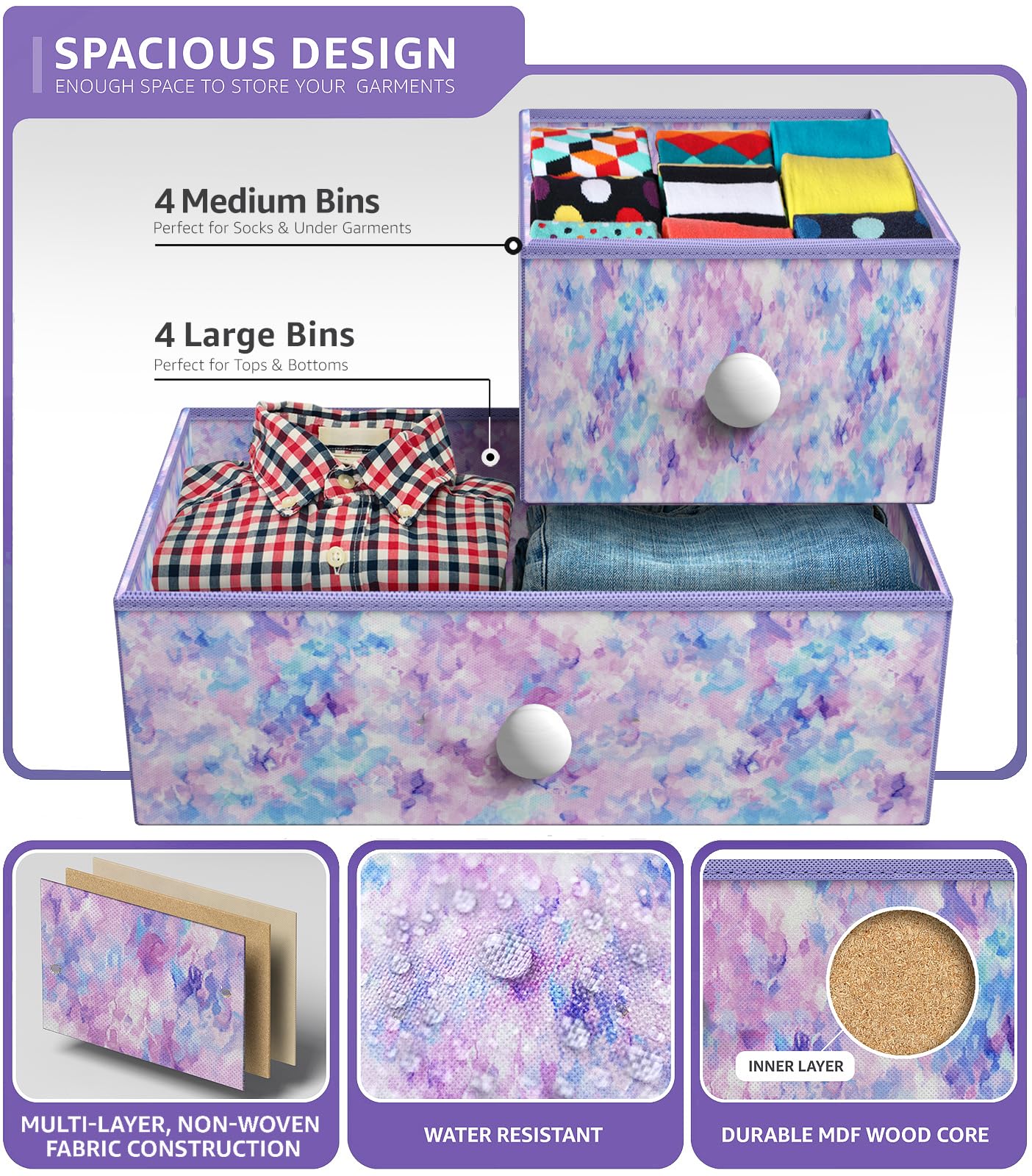 Sorbus 8-Drawer Fabric Dresser for Kids - Sturdy Steel Frame Storage Tower with Fabric Bins, Tie-Dye Purple Knob Handle | Perfect for Bedroom, Nursery, Playroom & Closet Organization