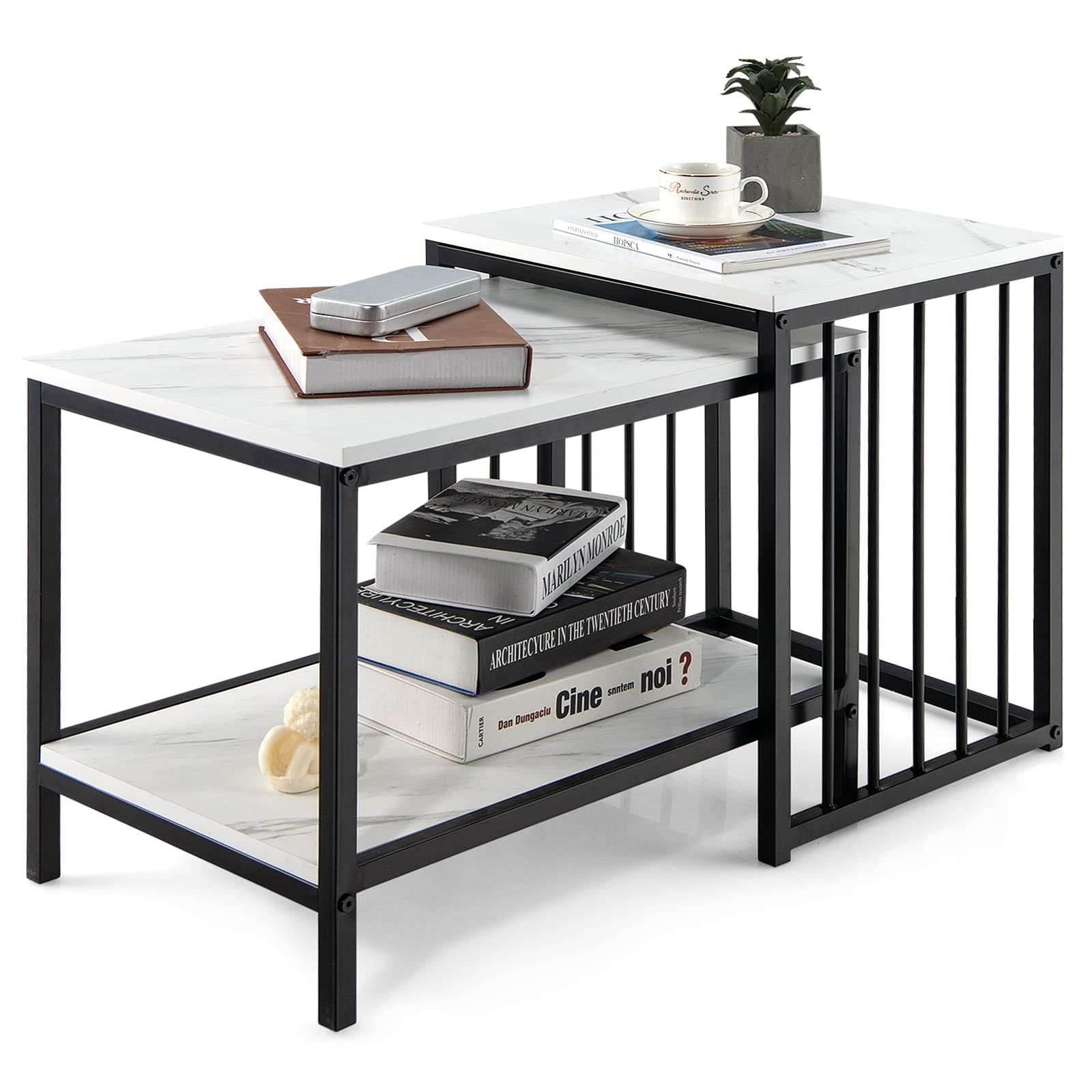 Giantex Modern Nesting Table Set of 2 - Marble Texture Coffee Tables with Storage Shelf, Space-Saving Stacking Side Tables for Living Room, Bedroom, Apartment & Dorm - Easy Assembly (White) - Perfect for Small Spaces, Home Decor & Entertaining Guests