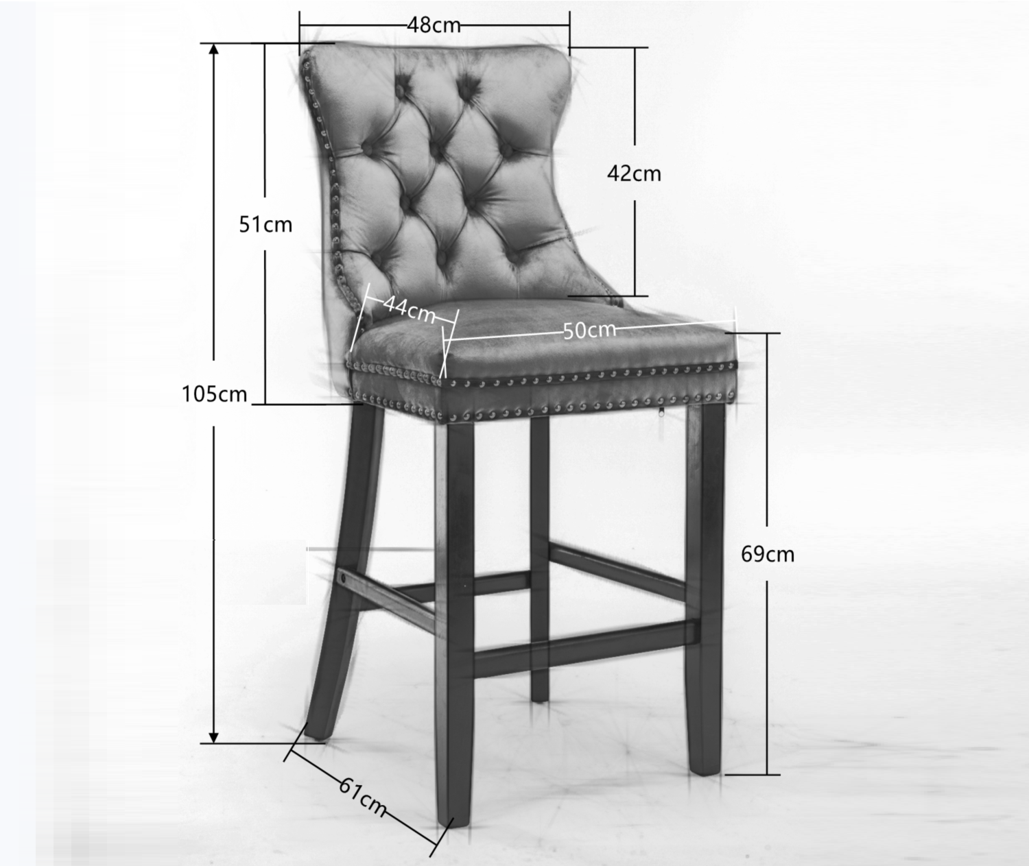 4 Velvet Bar Stools with Studs Trim & Wooden Legs - Tufted Dining Chairs for Kitchen Counter, Breakfast Nook & Home Bar - Comfortable Seating for Entertaining