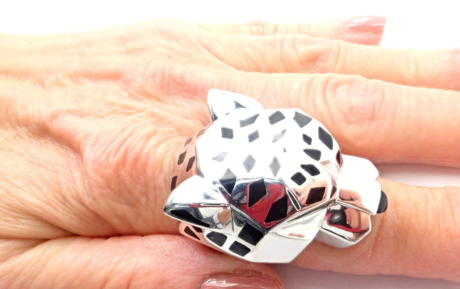 Cartier Panther Panthere 18K White Gold Ring with Peridot, Onyx & Lacquer - Large Size with Certification - Perfect for Luxury Gifts, Anniversary & Special Occasions