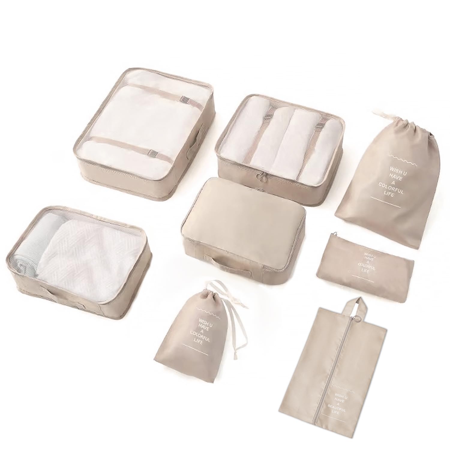 8-Piece Mesh Travel Packing Cubes Set - Luggage Organizer Bags with Laundry Bag, Shoe Bag & Clothing Compartments (Cream) | Perfect for Suitcase Organization, Business Trips & Vacation Packing
