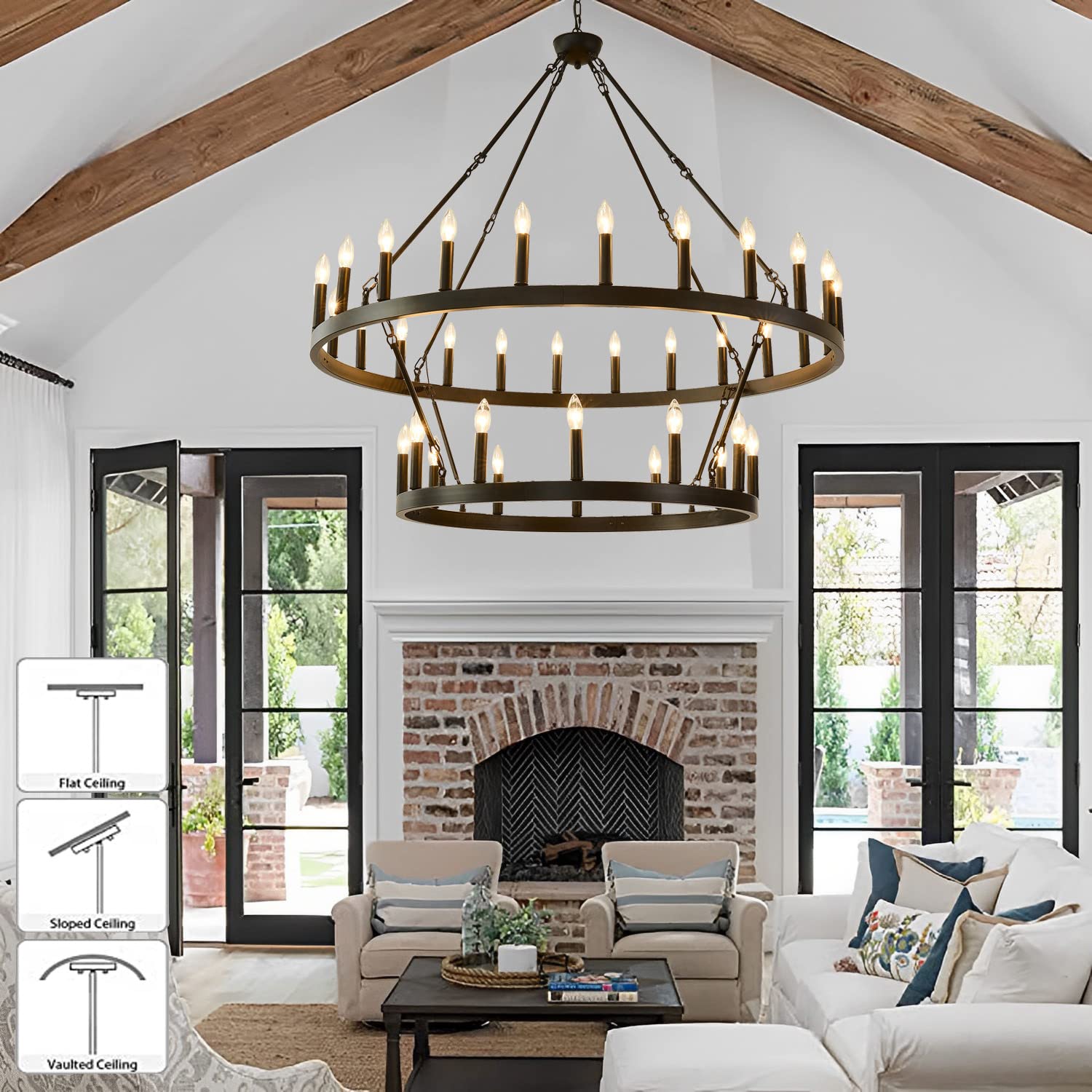 48 Inch Large Black Wagon Wheel Chandelier - 2 Tier 36-Lights Farmhouse Industrial Country Style Round Pendant Light Fixture for Dining Room Kitchen | Rustic Ceiling Lighting for Farmhouse, Barn, Restaurant & Cabin Decor
