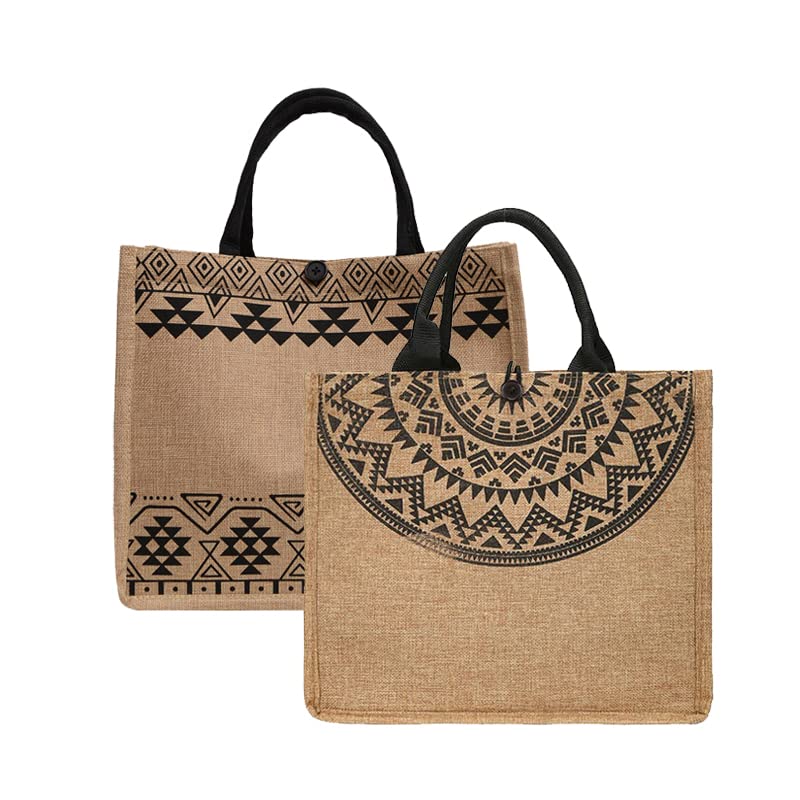 JUSIMON 2-Pack Reusable Bohemian Style Grocery Tote Bags - Eco-Friendly Burlap Beach Bag & Shopping Tote for Women & Mothers - Perfect for Farmers Market, Grocery Shopping & Beach Outings