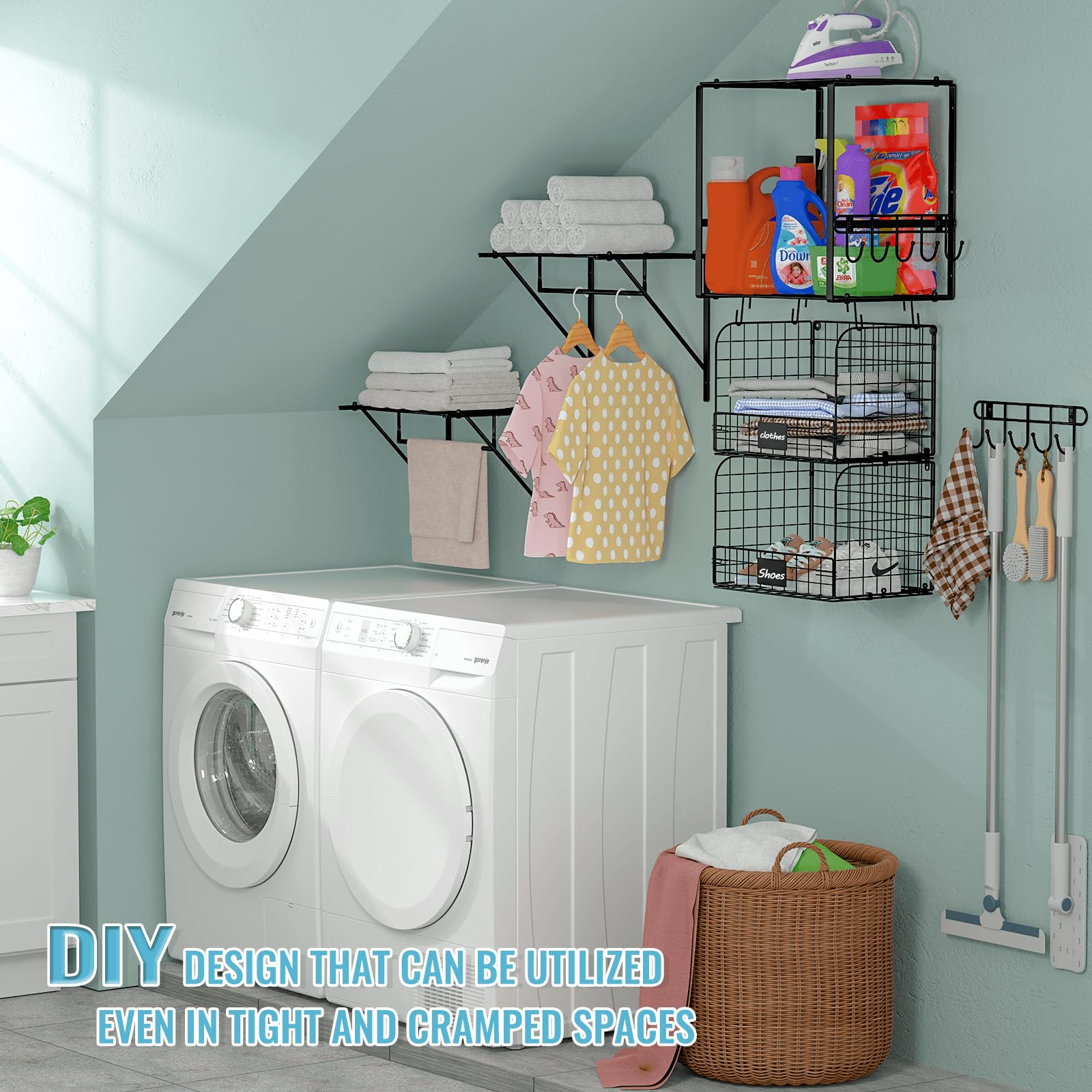 3 Pack Laundry Room Shelves with Wire Storage Baskets - Over Washer and Dryer Organizer with Hanging Rods & Hooks - Space Saving Laundry Storage Solution for Small Spaces, Closets and Utility Rooms