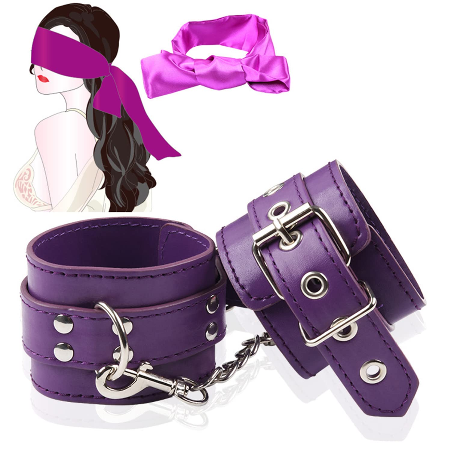 Adjustable Leather Wrist Handcuffs Bracelet & Satin Sleep Eye Mask Set - Role Play, Exercise Bands, Cosplay Accessories for Halloween, BDSM, and Bedroom Bondage Scenes