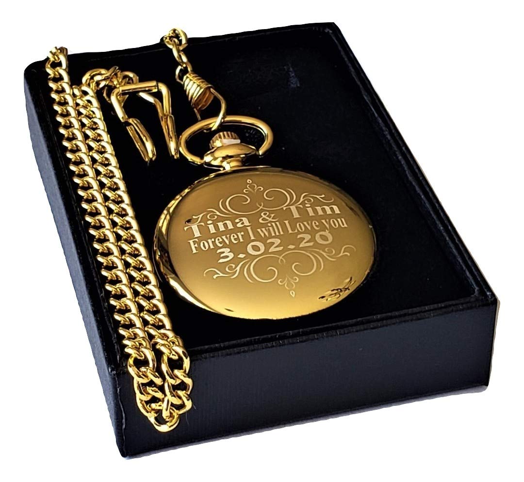 4-Piece Custom Engraved Pocket Watch Set - Black Wedding Gift with Free Engraving, Gift Box & Chains - Perfect for Anniversaries, Graduations & Special Occasions