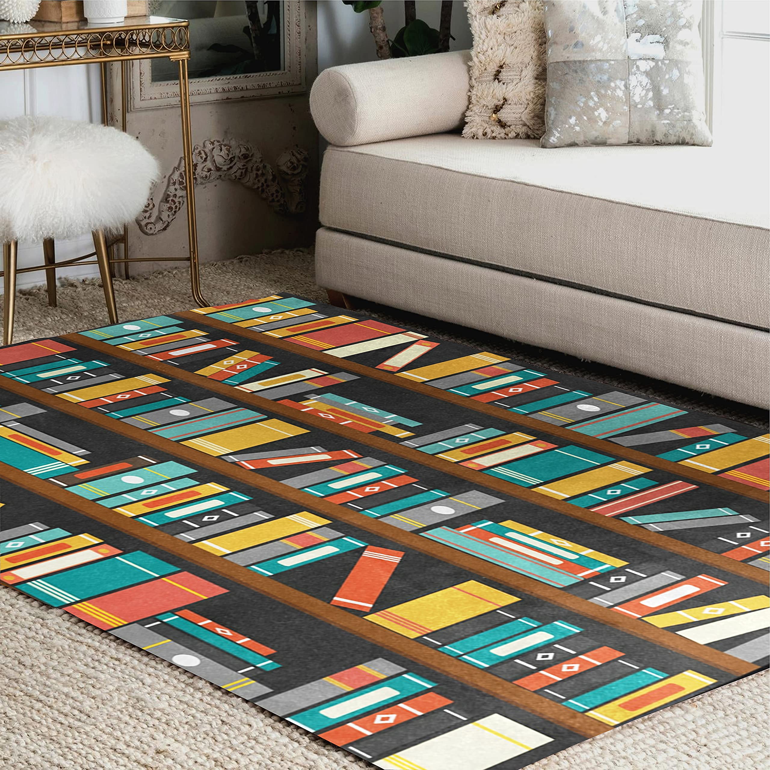 Vintage Library Bookshelf Bookworm Area Rug - 7'x5' Non-Slip Living Room & Bedroom Rug - Perfect for Home Office, Reading Nook & Cozy Spaces