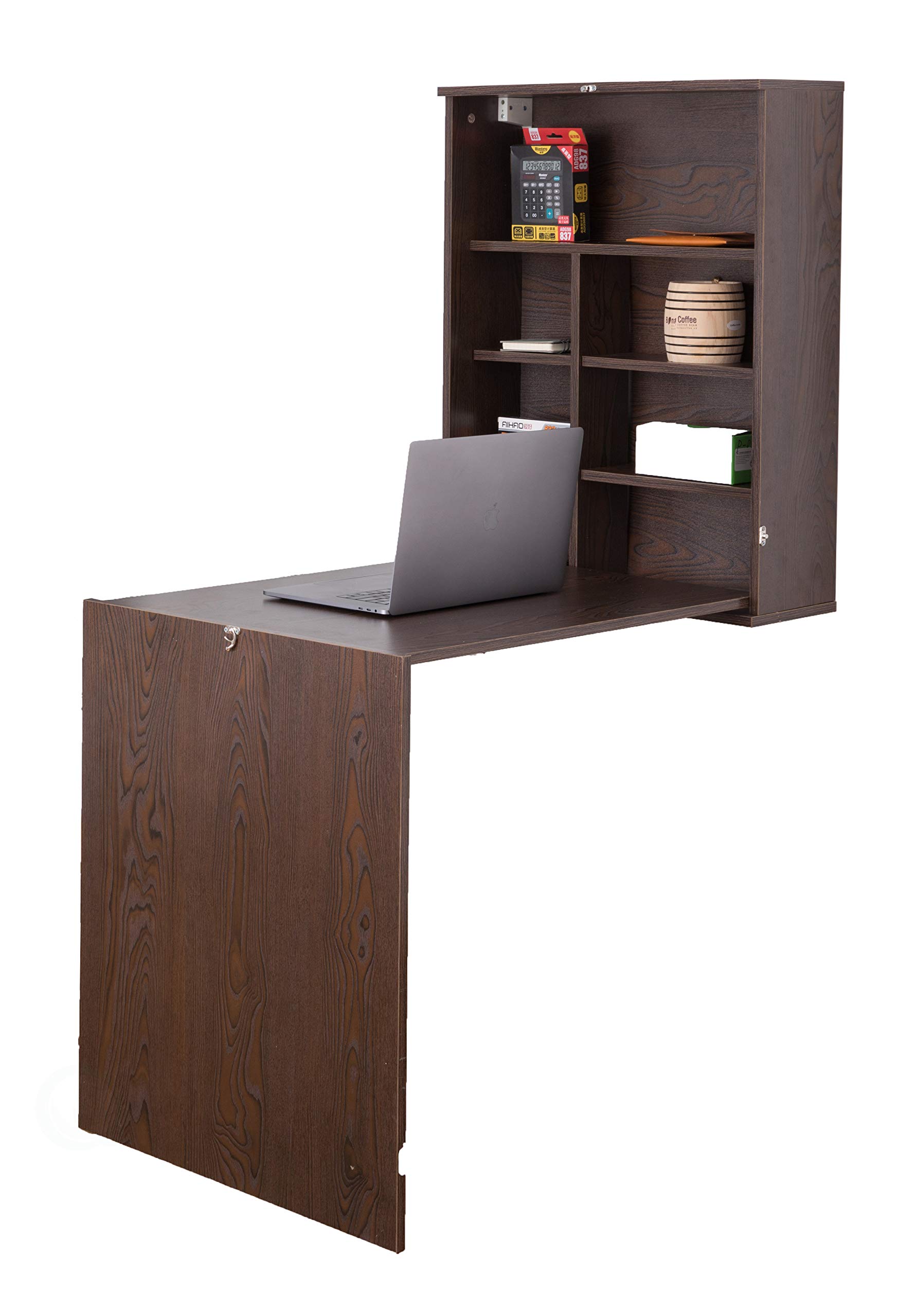 Basicwise Wall Mount Fold-Out Laptop Desk with Storage Shelves - Space Saving Home Office Furniture for Small Spaces, Brown - Perfect for Bedroom, Dorm, RV & Compact Living Areas