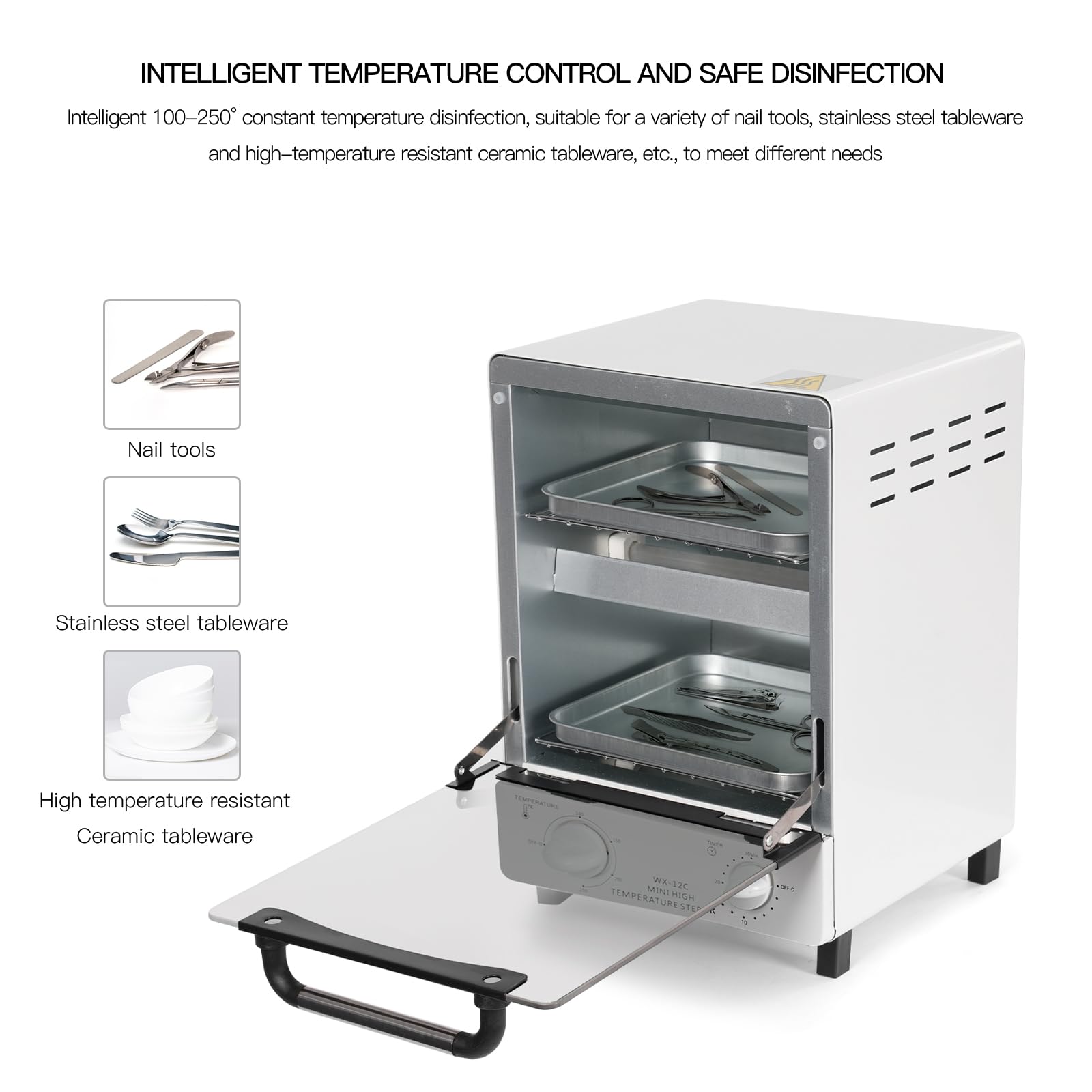 12L High Temperature Sterilizer for Nail & Beauty Tools with Adjustable Thermostat & Timer, 2 Stainless Steel Trays - Perfect for Salon, Spa, Home Use & Professional Disinfection