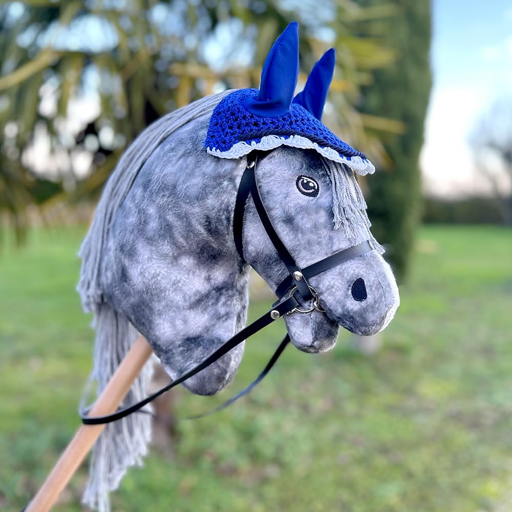 Blue Stick Horse with Reins, Halter, Lunge Line & Bonnet - Realistic Hobby Horse Toy for Kids Pretend Play, Birthday Gifts & Outdoor Activities
