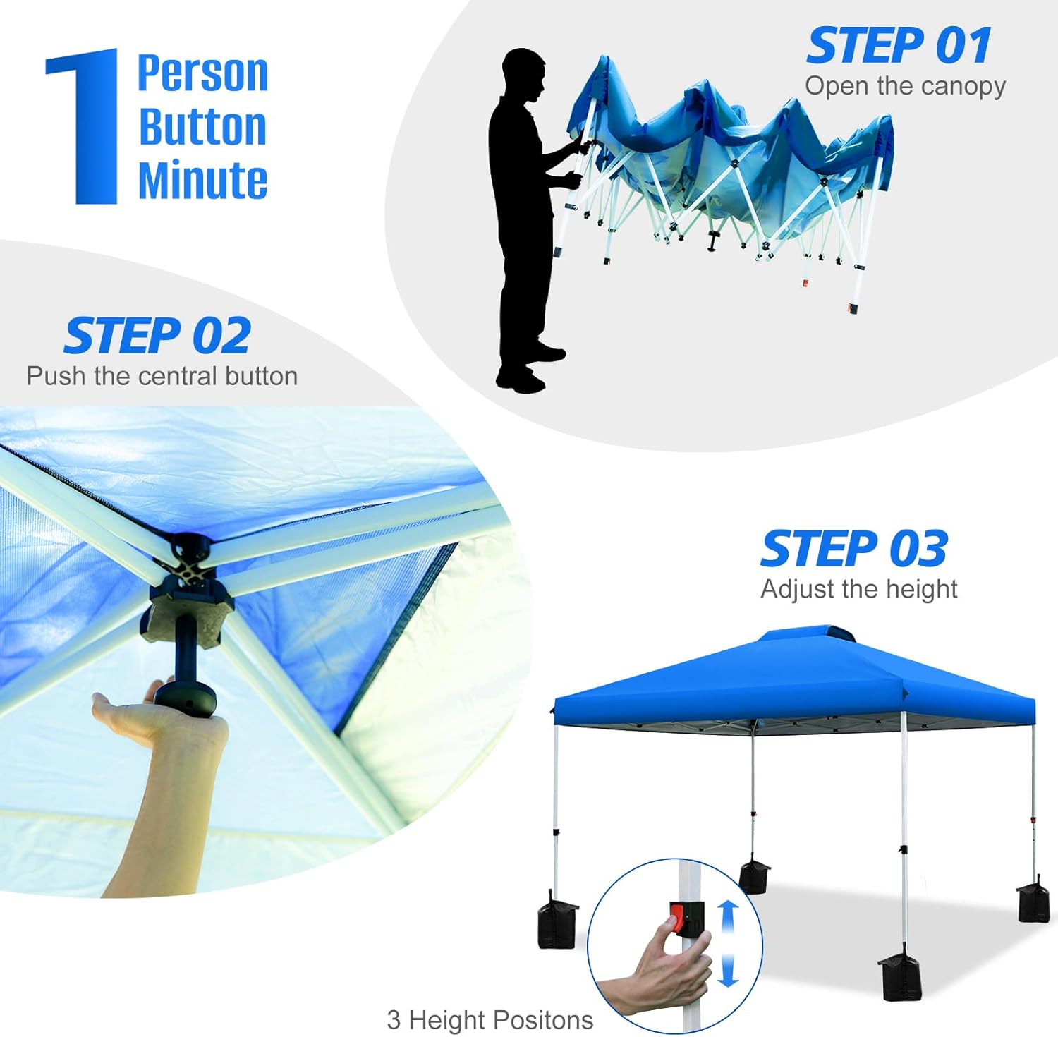 WEIZE 10x10 Pop Up Canopy Tent - Instant One-Button Setup, Adjustable Height Gazebo with 4 Weight Bags | Portable Shelter for Outdoor Events, Camping, Beach & Backyard Parties | Silver Coated Top & Blue Frame Sun Shade Protection