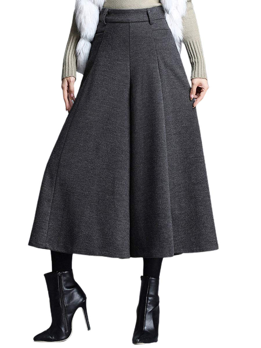 Ebossy Women's High Waisted Wool Flared Wide Leg Pants - Winter Warm Fleece Lined Culottes for Office, Travel & Casual Outfits