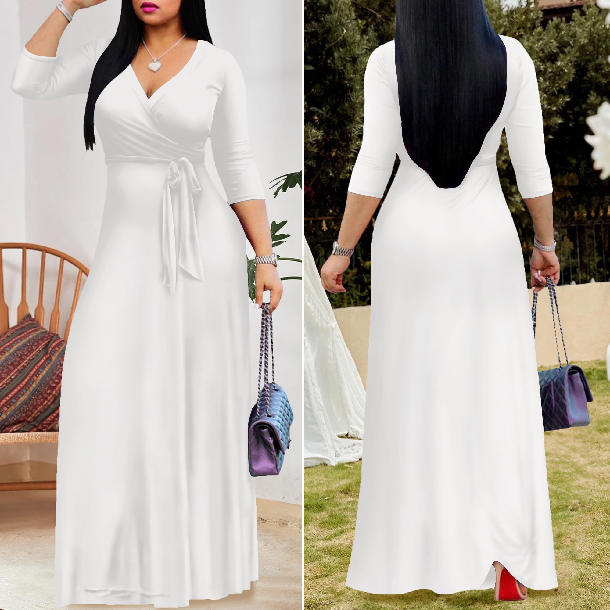 FANDEE Women's 2025 Maxi Dress - Solid Color Bohemian Summer Long Dress with V-Neck & 3/4 Sleeve | Beach Wedding, Vacation, Party Wear | Flowy Casual & Elegant Outfit