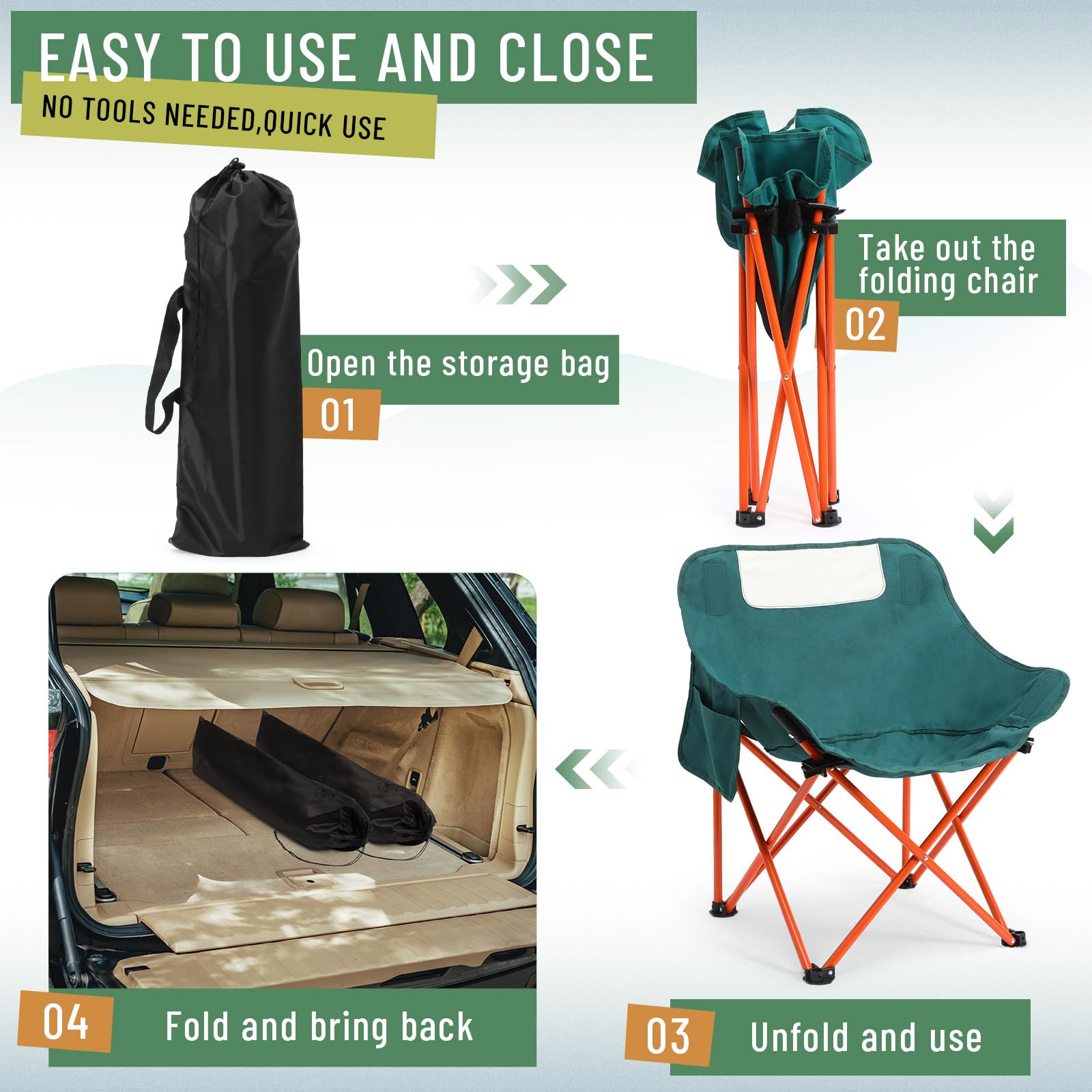 2 Pack Lightweight Portable Folding Camping Chairs - 600D Oxford Fabric, Supports 330lbs - Compact Moon Chairs with Carry Bag for Outdoor Travel, Picnic, Hiking, Beach & Fishing (Green) - Perfect for Backyard BBQs, Camping Trips, Sports Events and Beach Relaxation