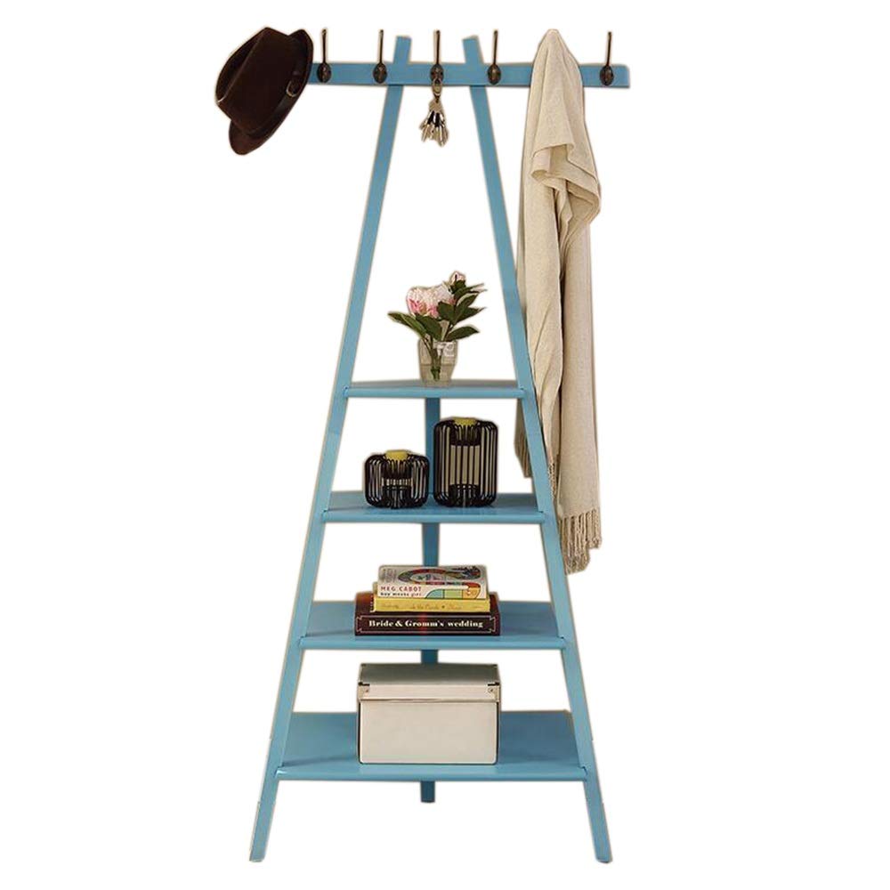 Wooden Triangle Wall Shelf - Multi-Function Coat Hook & Ladder Shelf for Home Decor (Blue, 29.5x15.7x59.8in)