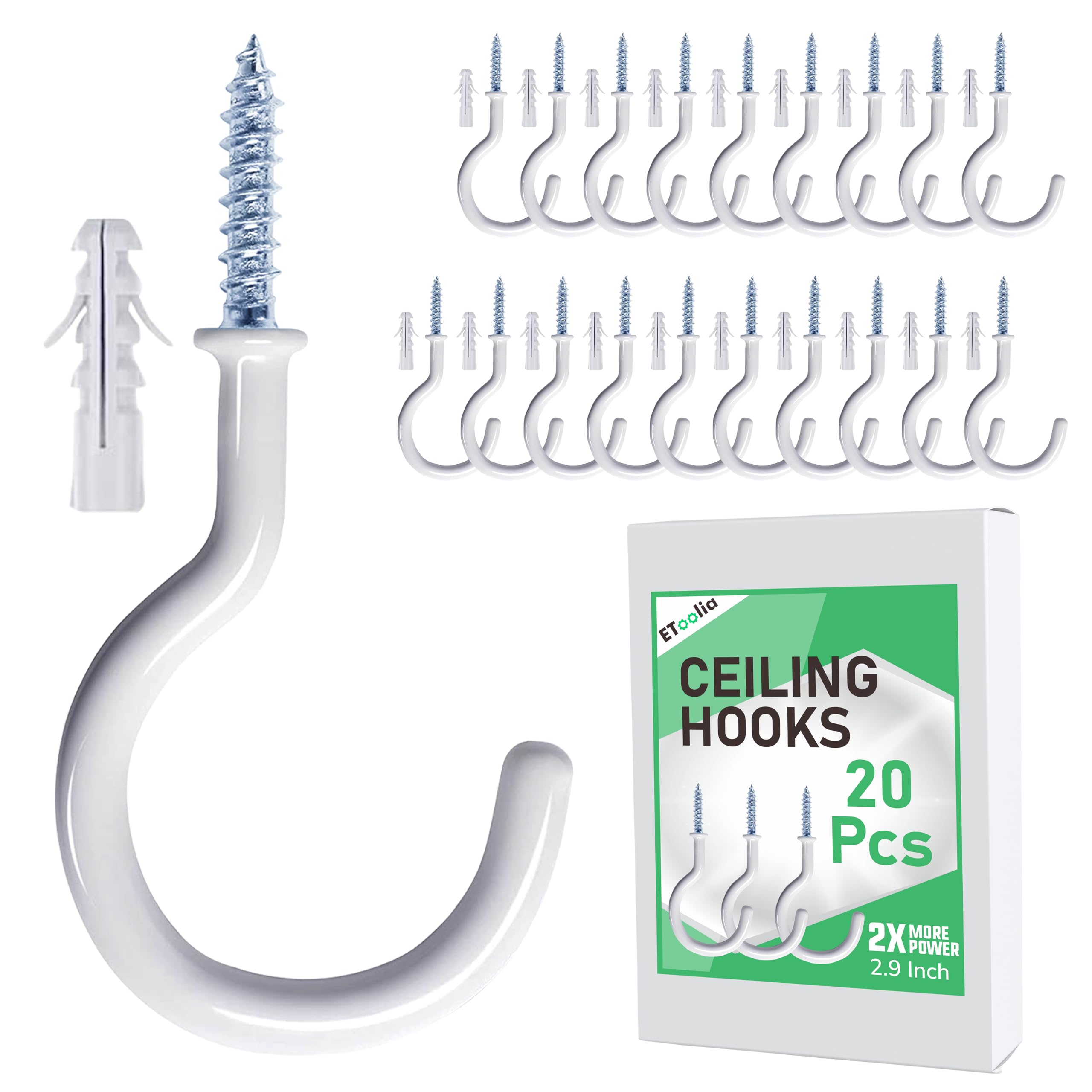 20 Pcs Heavy Duty Ceiling Hooks for Hanging Plants - 2.9 Inch White Vinyl Coated Screw-in Hooks for Christmas Lights, Mugs & Home Decor - Indoor Outdoor Plant Hangers for Kitchen, Garden & Party Decorations