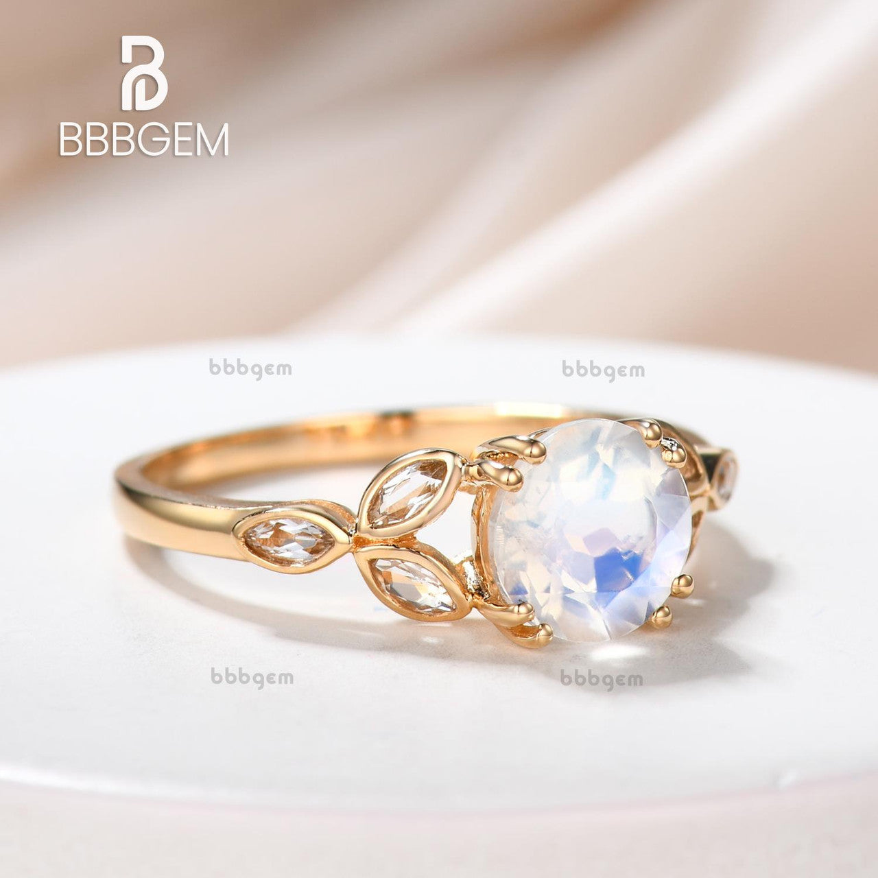 6.5mm Round Cut 1 Carat Moonstone Engagement Ring with Marquise Aquamarine & Clover Leaf Sidestones - Perfect for Proposals, Weddings & Anniversary Gifts