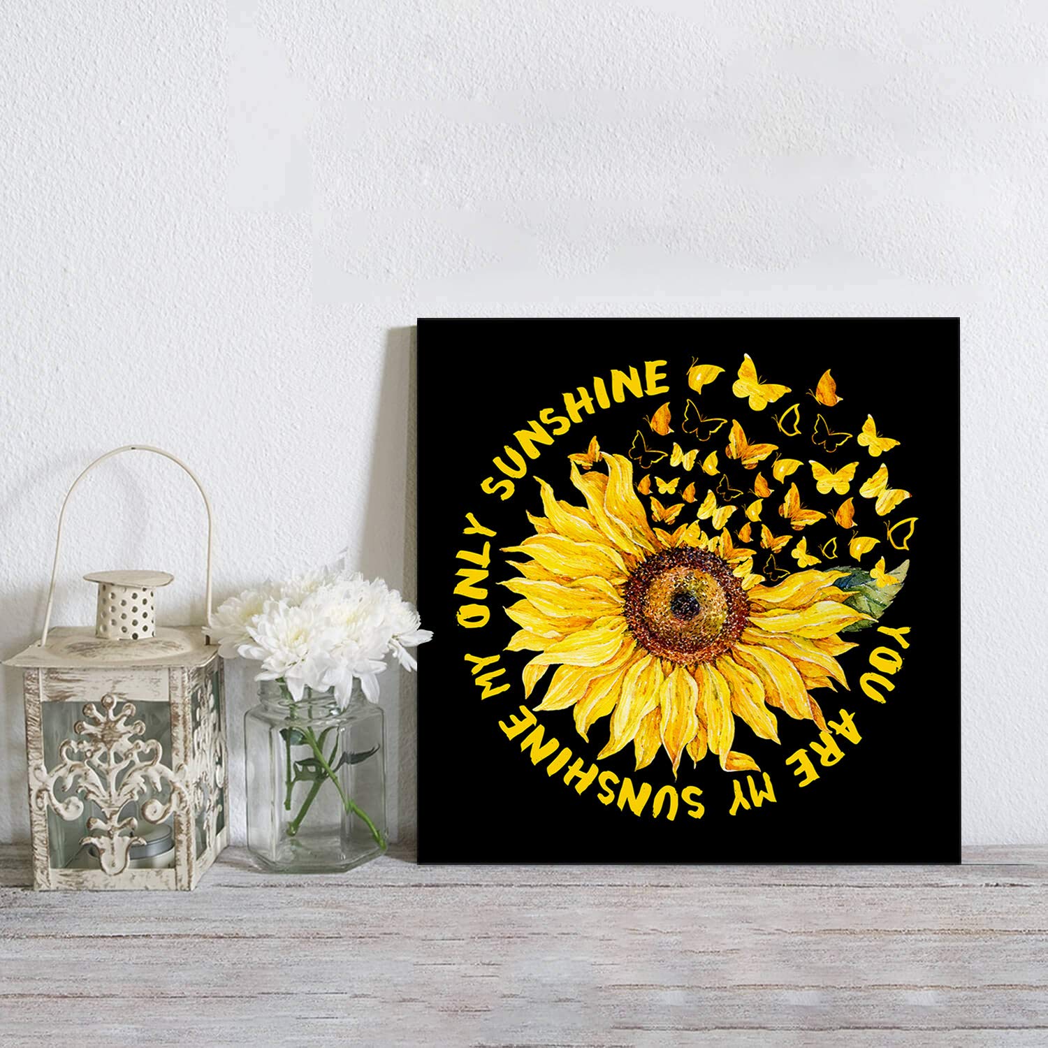 Sunflower Canvas Wall Art 28x28 Inch - Yellow Flowers & Butterflies Painting on Black Backdrop for Living Room, Office & Home Decor - Ready to Hang Wall Artwork for Modern Interior Design & Housewarming Gifts