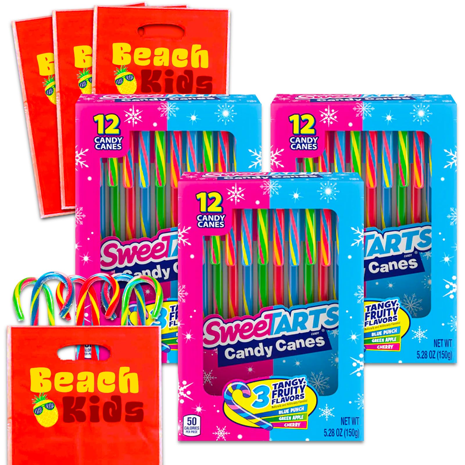 SweeTARTS Candy Canes Bulk Pack - 36 Individually Wrapped Flavored Candy Canes with Red Loot Bags | Perfect for Christmas Stocking Stuffers, Holiday Parties & Gift Bags